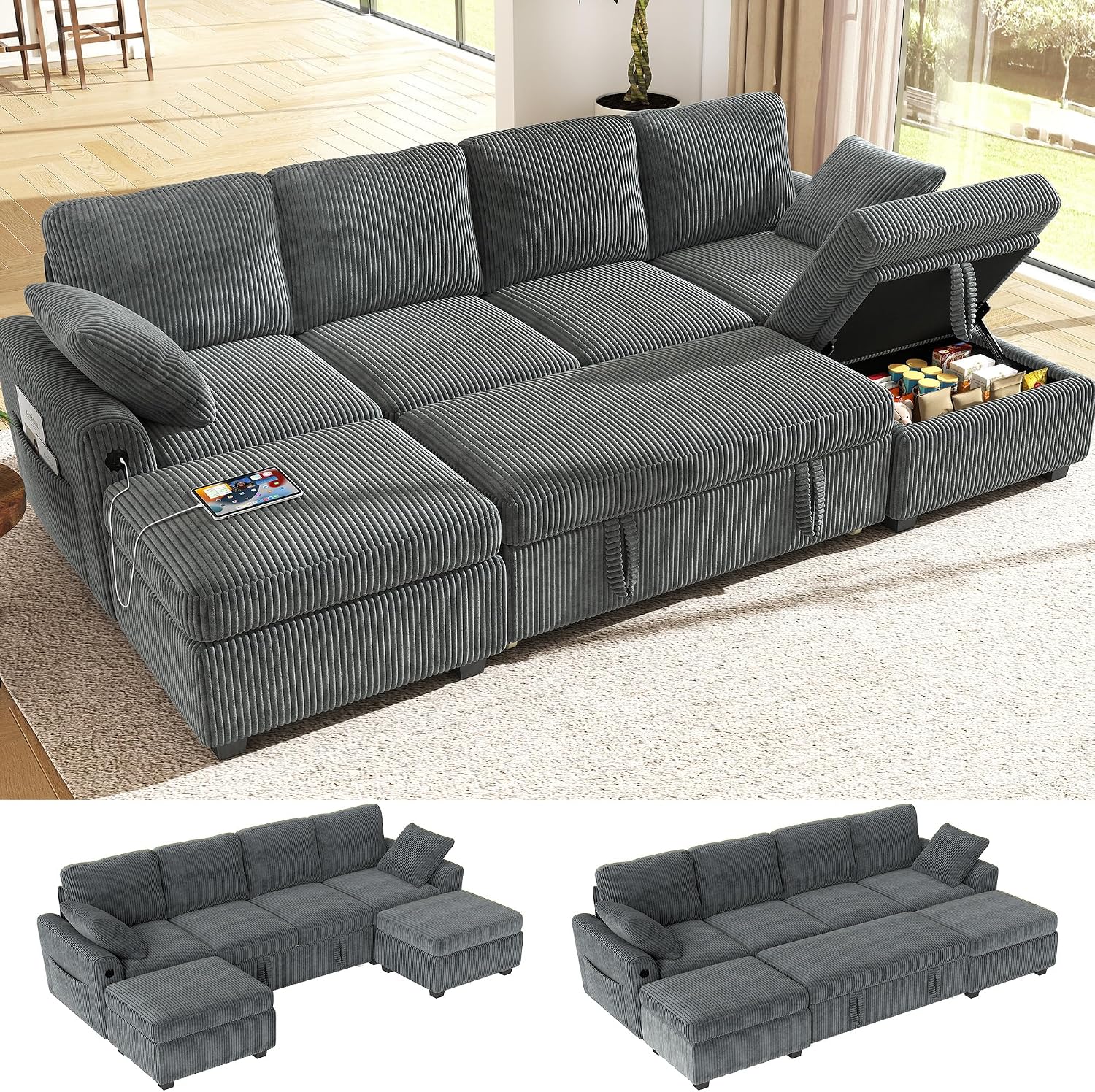 Ihanherry 6-Seater Large Sectional Sofa Bed with Storage Ottoman, Corduroy Reversible Modular Sleeper Sofa Couch with USB Port, 104' L-Shaped Convertible Couch for Living Room（Gray）
