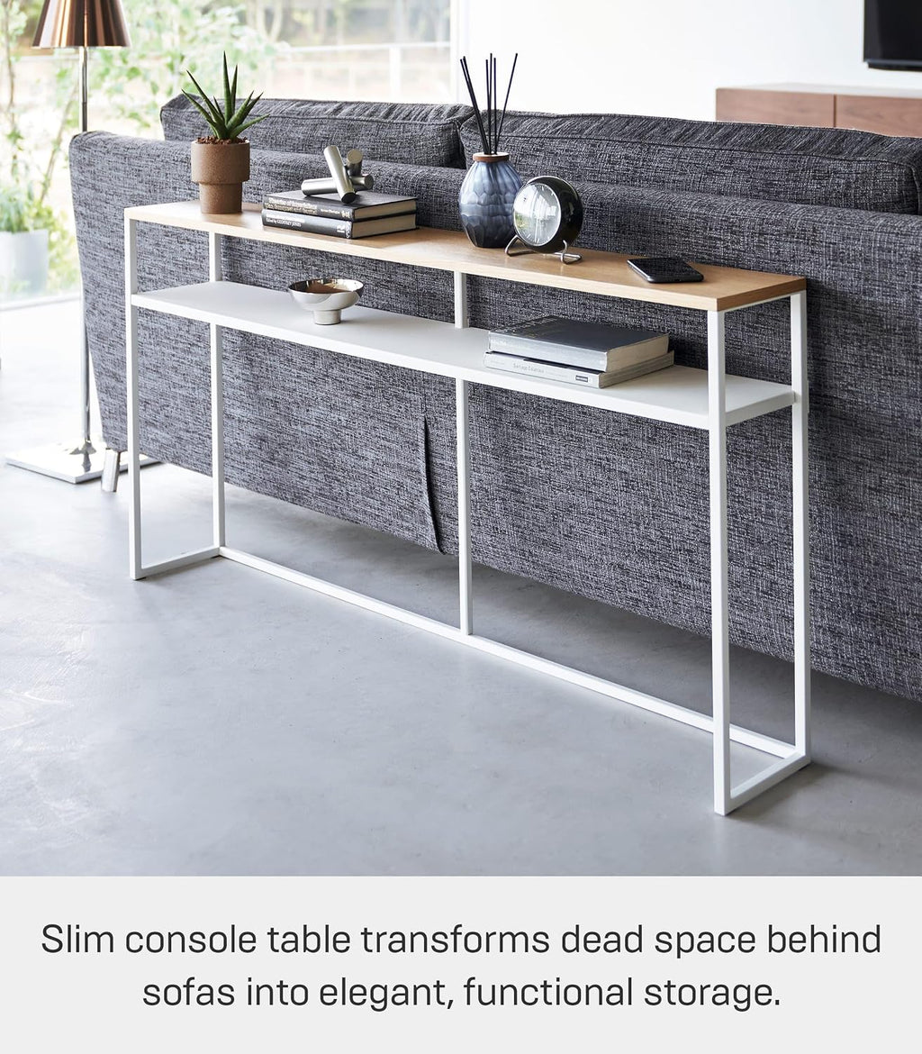 YAMAZAKI Home Tower Long Console Table for Entryway Or Hallways, Narrow Behnd Sofa Table with Wooden Top