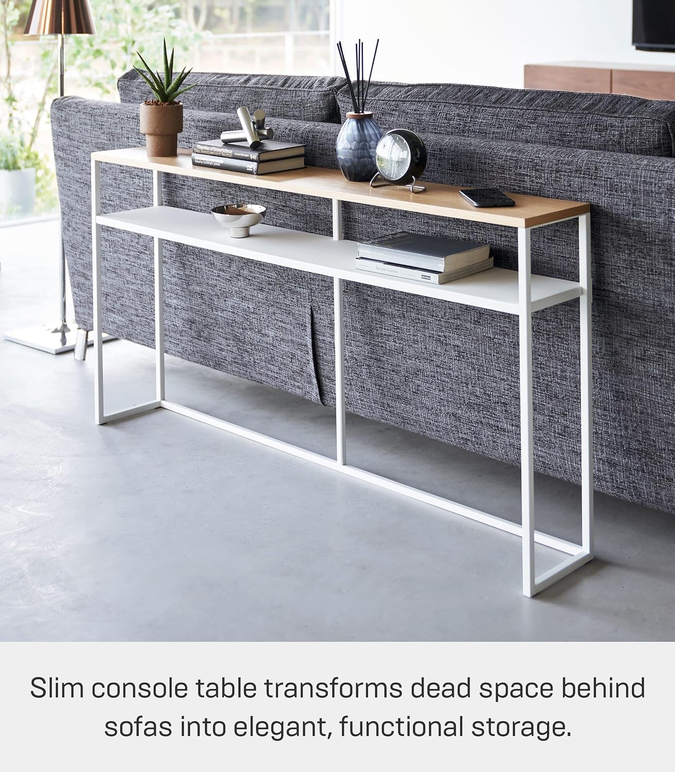 YAMAZAKI Home Tower Long Console Table for Entryway Or Hallways, Narrow Behnd Sofa Table with Wooden Top