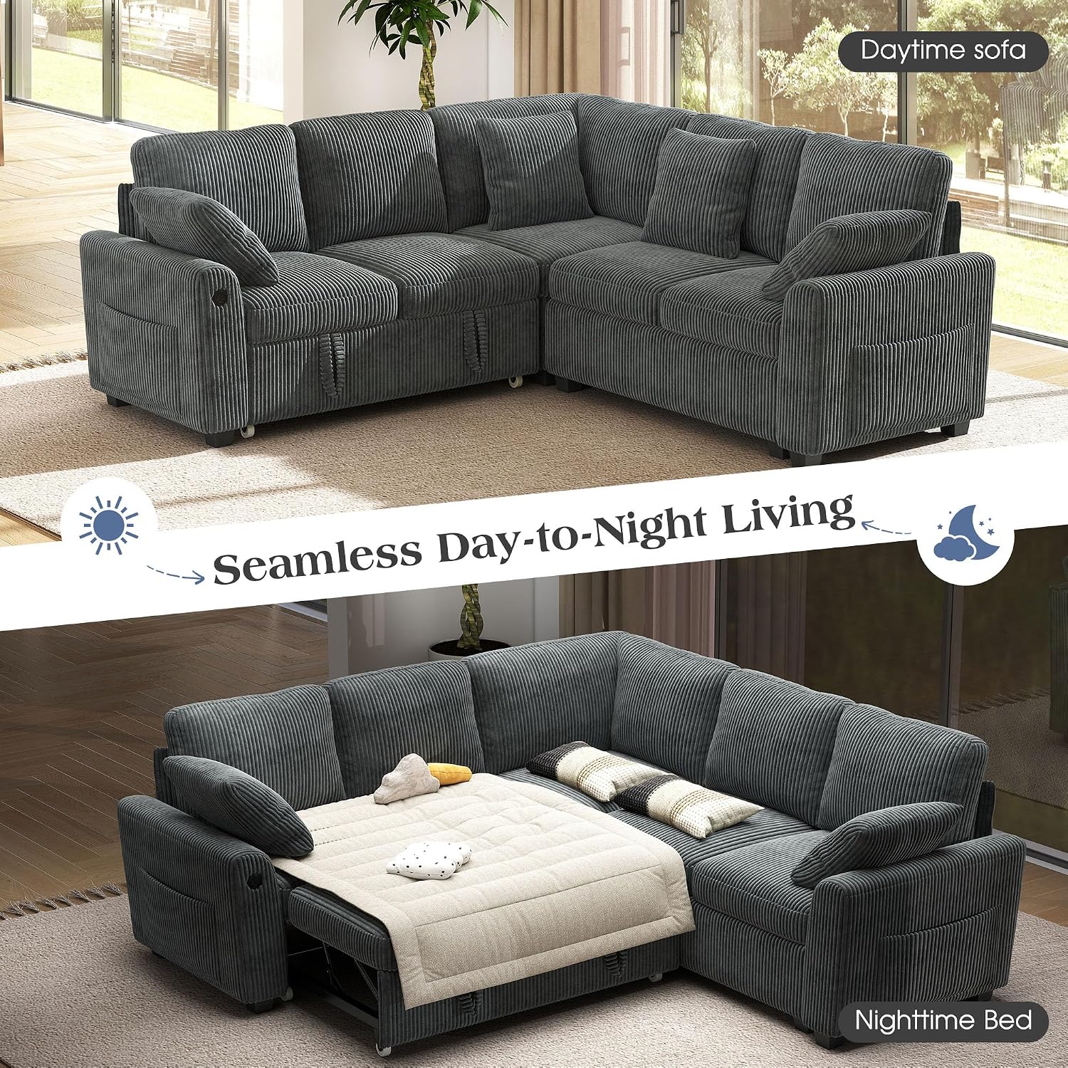 Ihanherry 83-inch 5-Seater Large Sectional Sofa Bed with Storage, Corduroy Reversible Modular Sleeper Sofa with USB Port & 4 Pillows, Convertible L-Shaped Couch for Living Room（Gray）