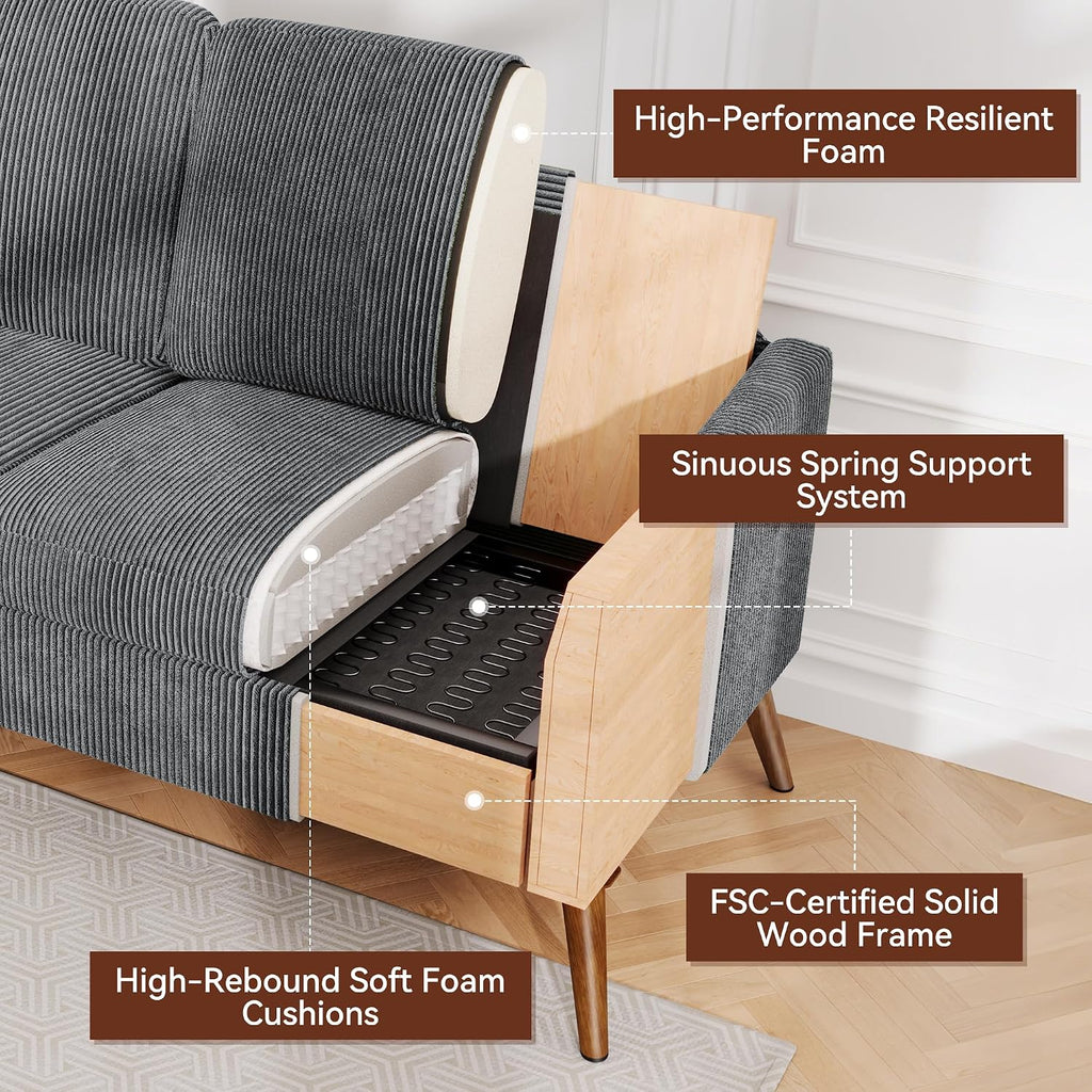 Vipbear 68' Loveseat Sofa - Dark Grey, Comfy Corduroy with Spring Cushion, Solid Wood Frame, Modern Deep Seat, Bedroom & Living Room, Office Small Couch