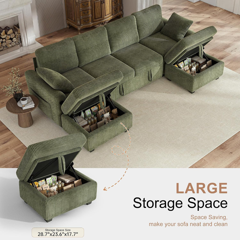 Hanherry 104' Sectional Couch with Pull Out Sofa Bed,Corduroy Sleeper Sofa with Storage Ottoman & USB Charging,Comfy U Shaped Modular Couches for Living Room,Apartment
