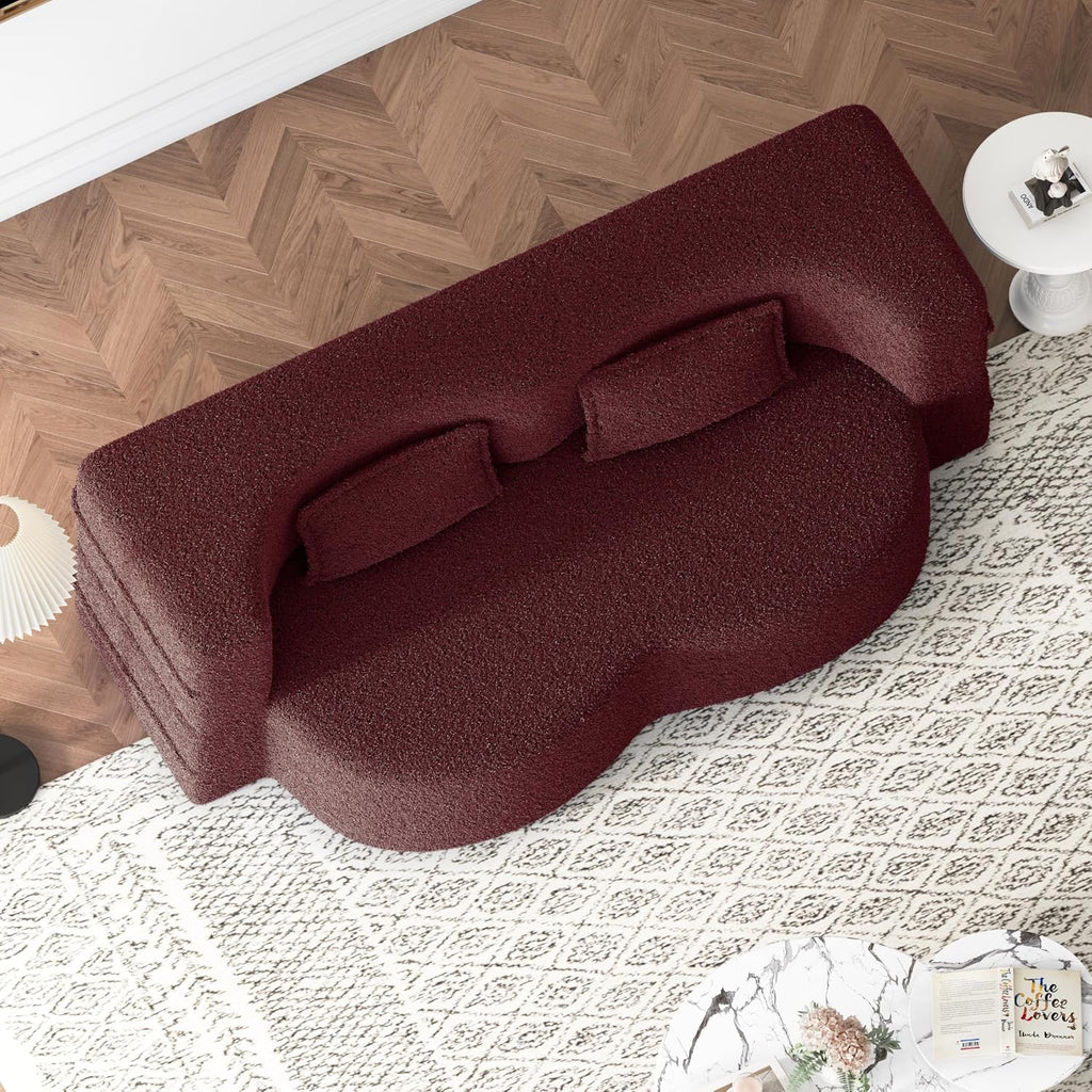 Ball & Cast 78' Floor Sofa Bed with 2 Pillows,Convertible Teddy Fabric Foam-Filled Sleeper Sofa Bed,Pull Out Couch Full Size Folding Mattress for Living Room,Playroom,No Assembly Required,Burgundy