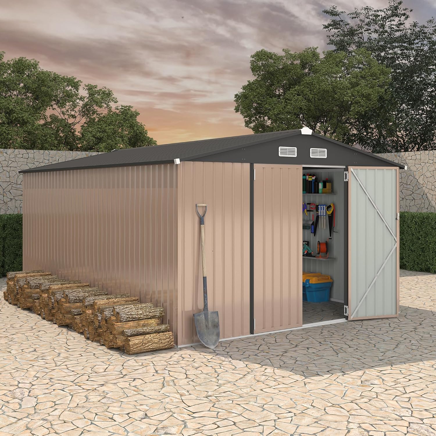 Outdoor Metal Sheds 10x14, Outdoor Storage Shed MetalGarden Tool Shed for Backyard, Metal Utility Sheds Buildings with Air Vent