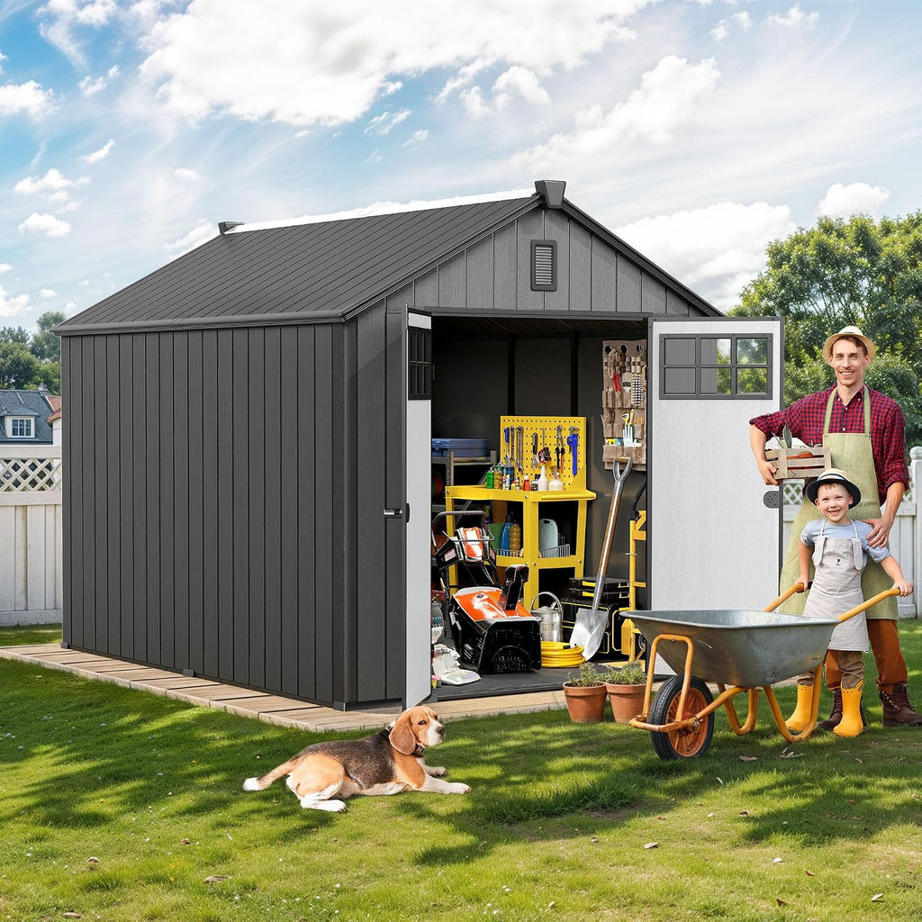 DWVO 8x10 FT Outdoor Storage Shed with Vision Grid Door Panel, 544 cuft Plastic Storage Shed with Floor, 16mm Heavy Duty All-Weather Garden Tool Sheds with Window & Vent for Pool Supplies, Black