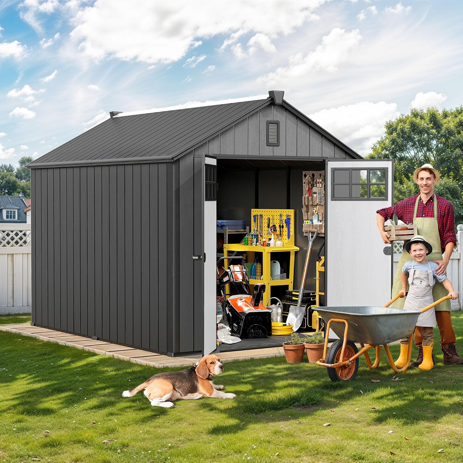 DWVO 8x10 FT Outdoor Storage Shed with Vision Grid Door Panel, 544 cuft Plastic Storage Shed with Floor, 16mm Heavy Duty All-Weather Garden Tool Sheds with Window & Vent for Pool Supplies, Black