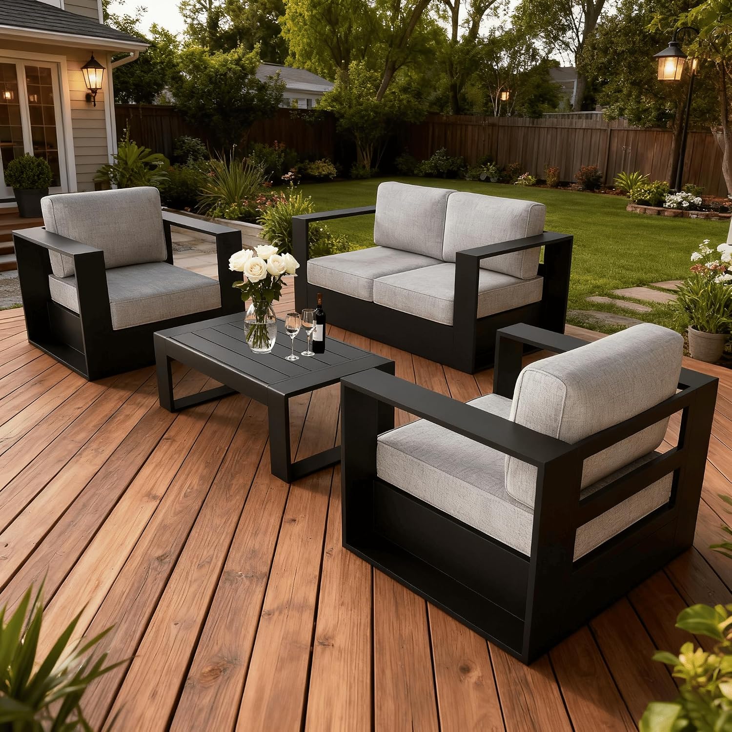 LayinSun Oversized Aluminum Outdoor Furniture Set, 4 Piece Patio Sofa Sets with Coffee Table, Deep Seating and Upgraded 6-inch Cushions for Porch, Balcony, Deck
