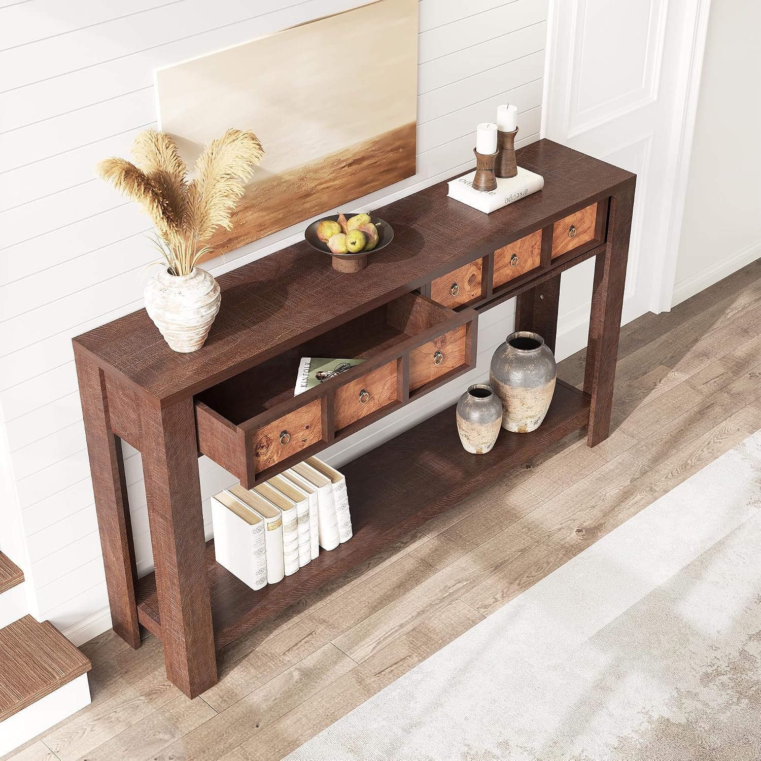 IDEALHOUSE 54inch Rustic Wooden Entryway Table with 2 Drawers & Open Shelf – Farmhouse Console Sofa Table for Hallway, Foyer & Living Room, Burlywood