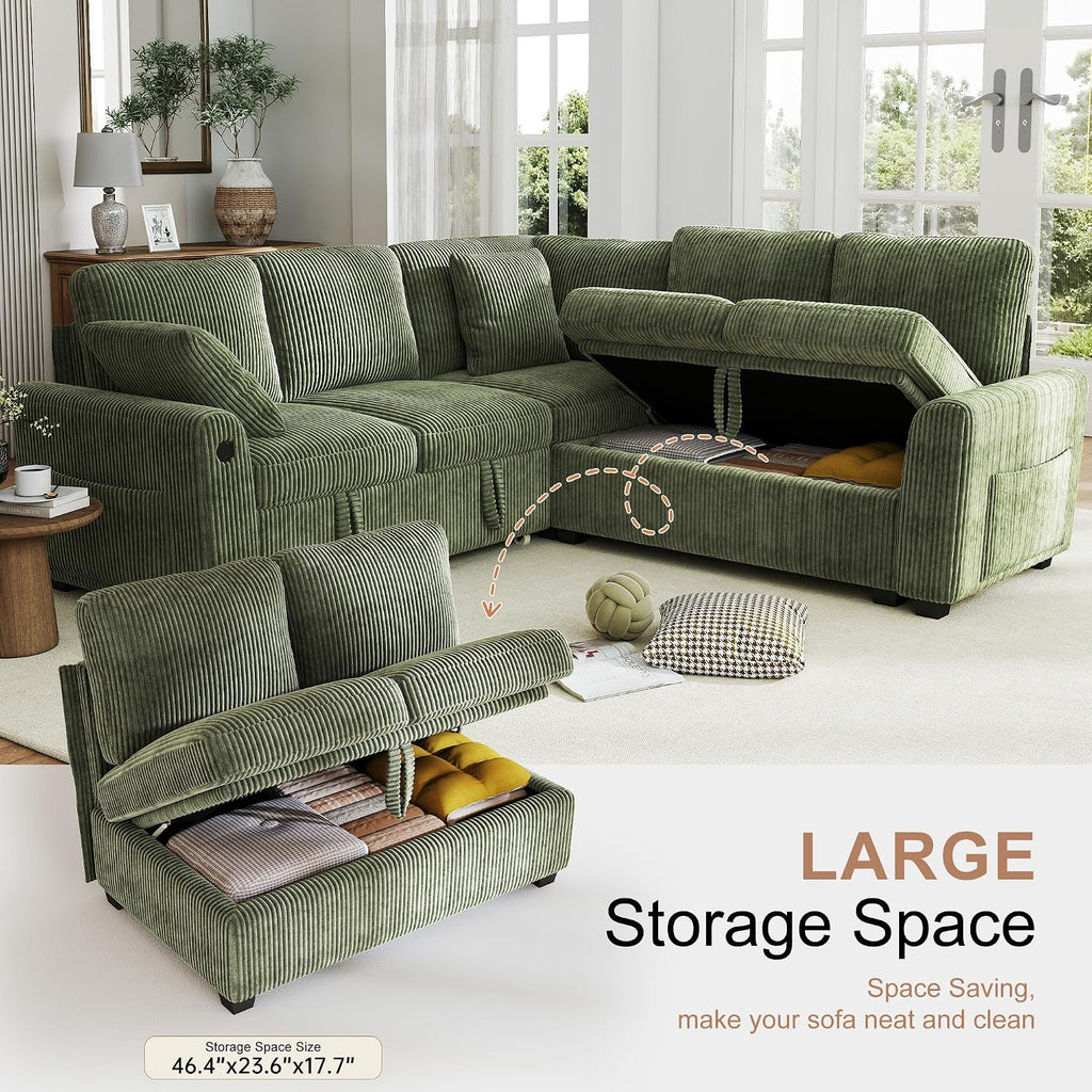 Hanherry Sectional Couch with Pull Out Sofa Bed,Corduroy Sleeper Sofa with 2 Seat Storage & USB Charging,Comfy L Shaped Modular Couches for Living Room,Apartment