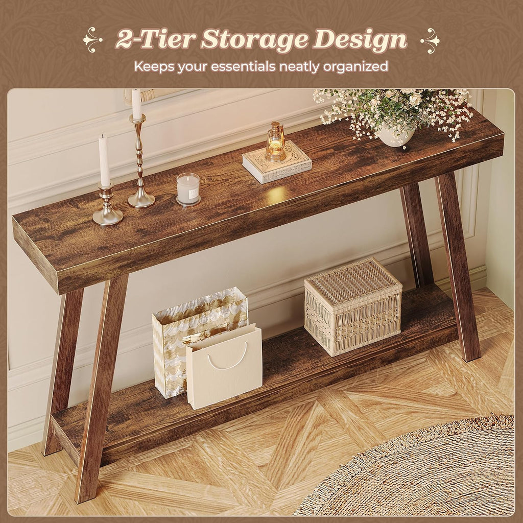Huuger Console Table with Charging Station, USB-C Port, 2 Tiers Entryway Table, 53.9 Inch Sofa Table with Metal Legs, Entry Hallway Table with Thicker Desktop, Modern Behind Couch Table, Rustic Brown