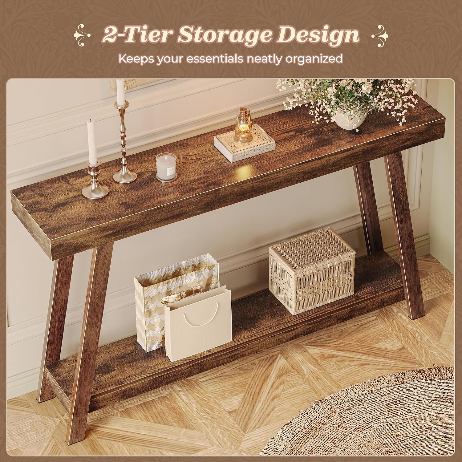 Huuger Console Table with Charging Station, USB-C Port, 2 Tiers Entryway Table, 53.9 Inch Sofa Table with Metal Legs, Entry Hallway Table with Thicker Desktop, Modern Behind Couch Table, Rustic Brown