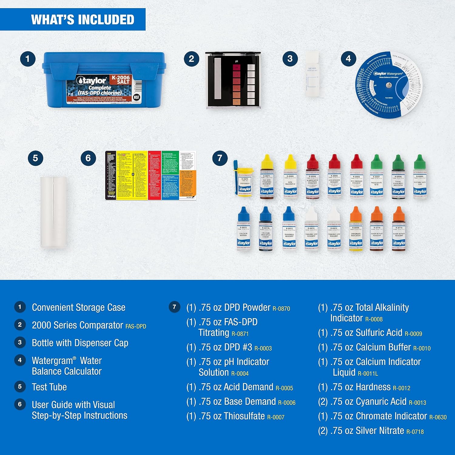 Taylor K-2006-SALT FAS-DPD, 9-in-1 Pool & Spa Test Kit, Free & Combined Chlorine, pH, Acid & Base Demand, Total Alkalinity, Calcium Hardness, Cyanuric Acid (CYA), and Chloride (Sodium Chloride).
