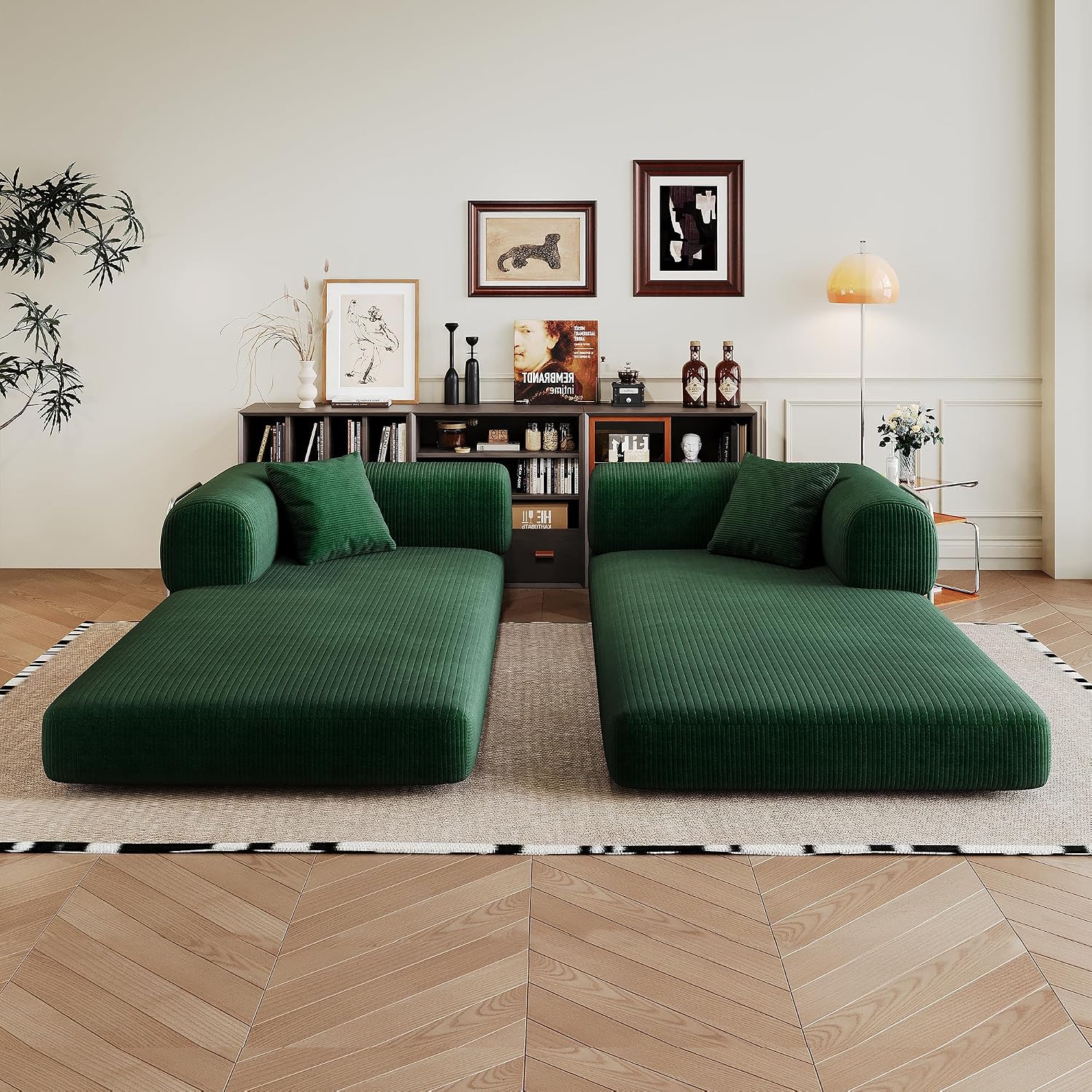 Ball & Cast 78.8' Compressed Modular Sofa Bed, No-Assembly Convertible Floor Futon Couch with Pillow Backrest & Armrest Support, Boneless Corduroy Sleeper Sofa for Living Room & Bedroom, Green