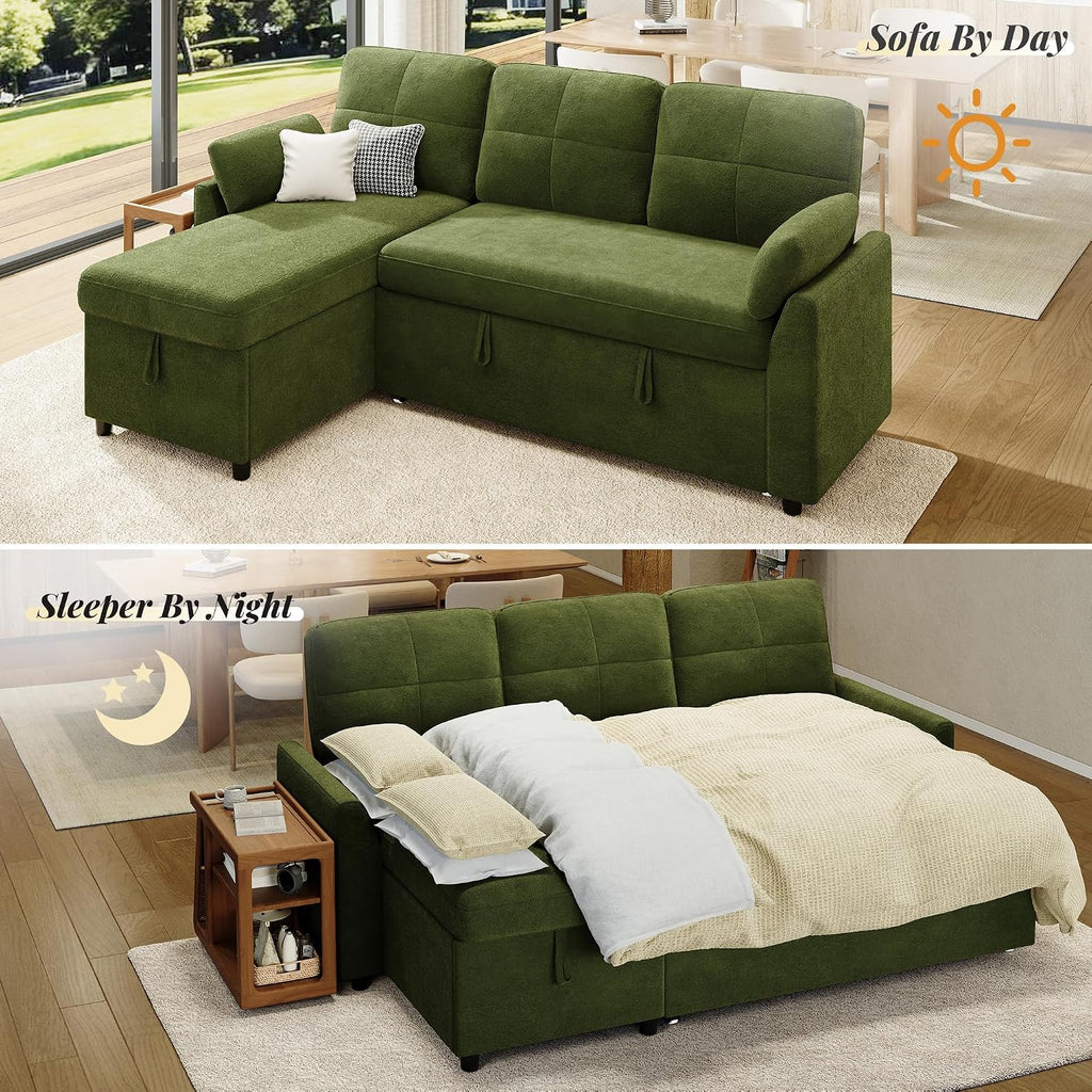 Jocisland Sofa Bed, Sleeper Sofa with Storage Chaise, Convertible Couch Bed with Pull Out Couch, l Shaped for Living Room, Linen Geen