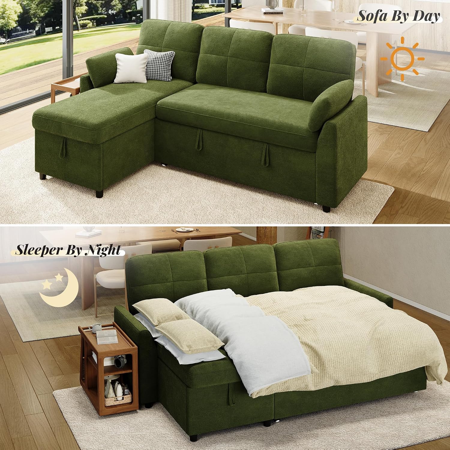 Jocisland Sofa Bed, Sleeper Sofa with Storage Chaise, Convertible Couch Bed with Pull Out Couch, l Shaped for Living Room, Linen Geen