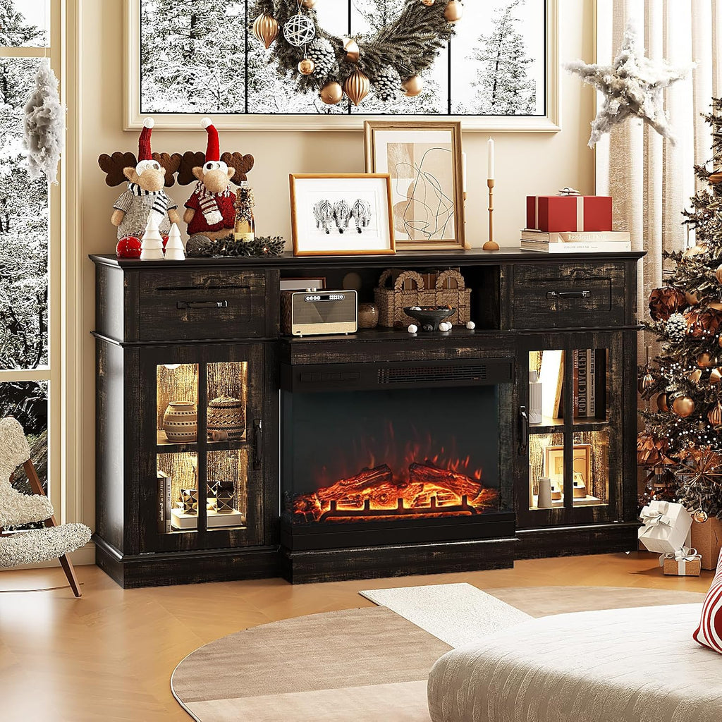 Fireplace TV Stand for 55–65 Inch TVs, 3-Sided Electric Fireplace with LED Light Strip, Glass Doors, Storage Drawers & Open Shelf, Entertainment Center, Dark Rustic Oak