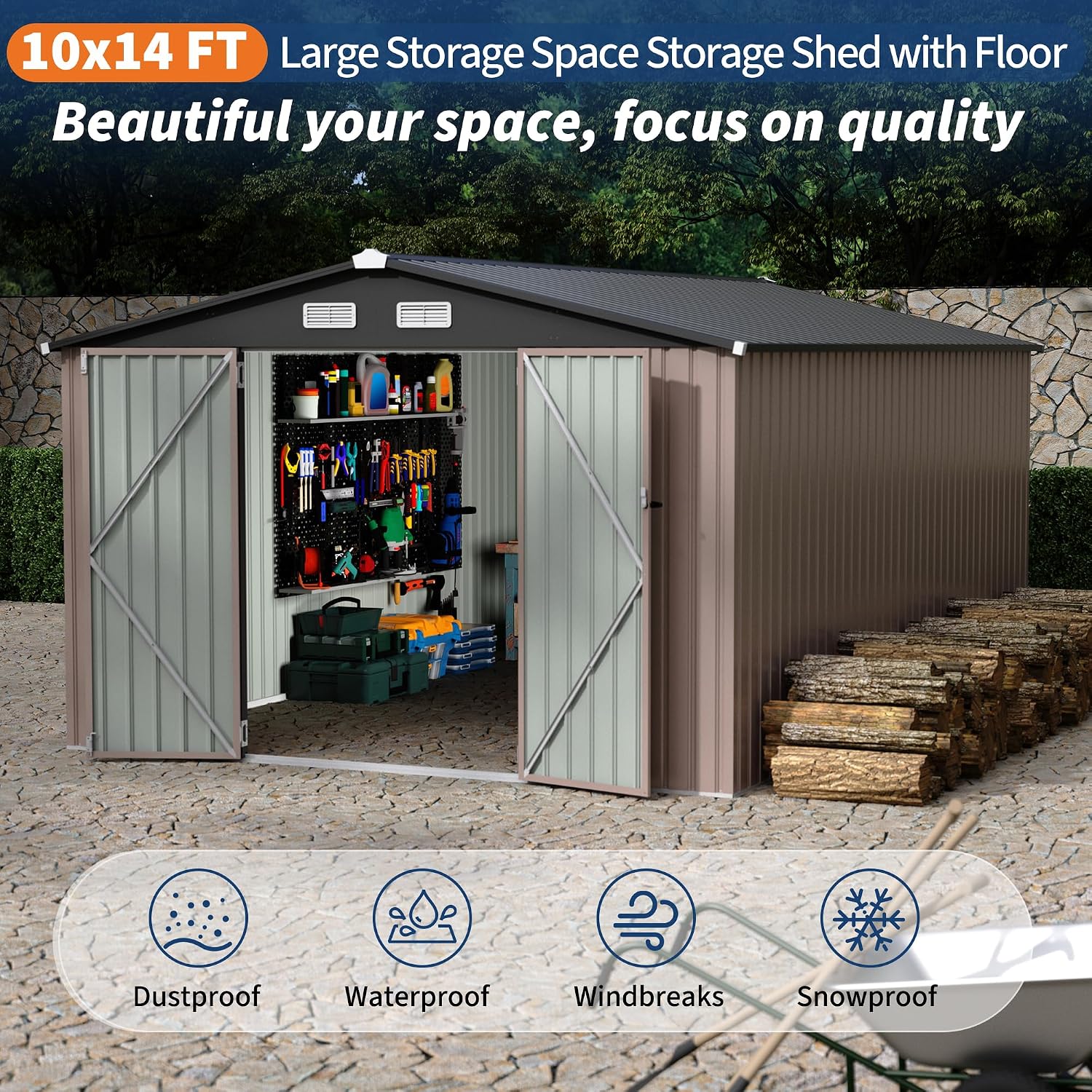 Outdoor Metal Sheds 10x14, Outdoor Storage Shed MetalGarden Tool Shed for Backyard, Metal Utility Sheds Buildings with Air Vent