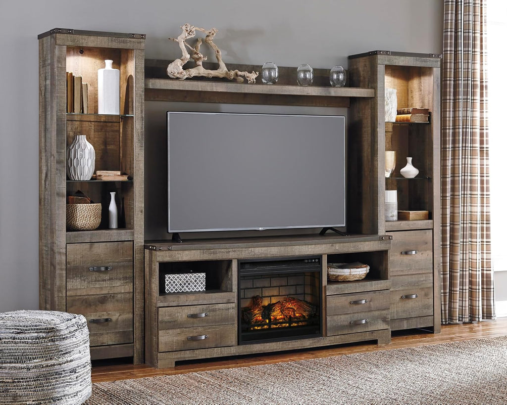 Signature Design by Ashley Trinell 63' TV Stand with Electric Fireplace Insert, Rustic Wood Look Media Console with Infrared Heat, Storage Drawers and Remote Control for Living Room Warmth