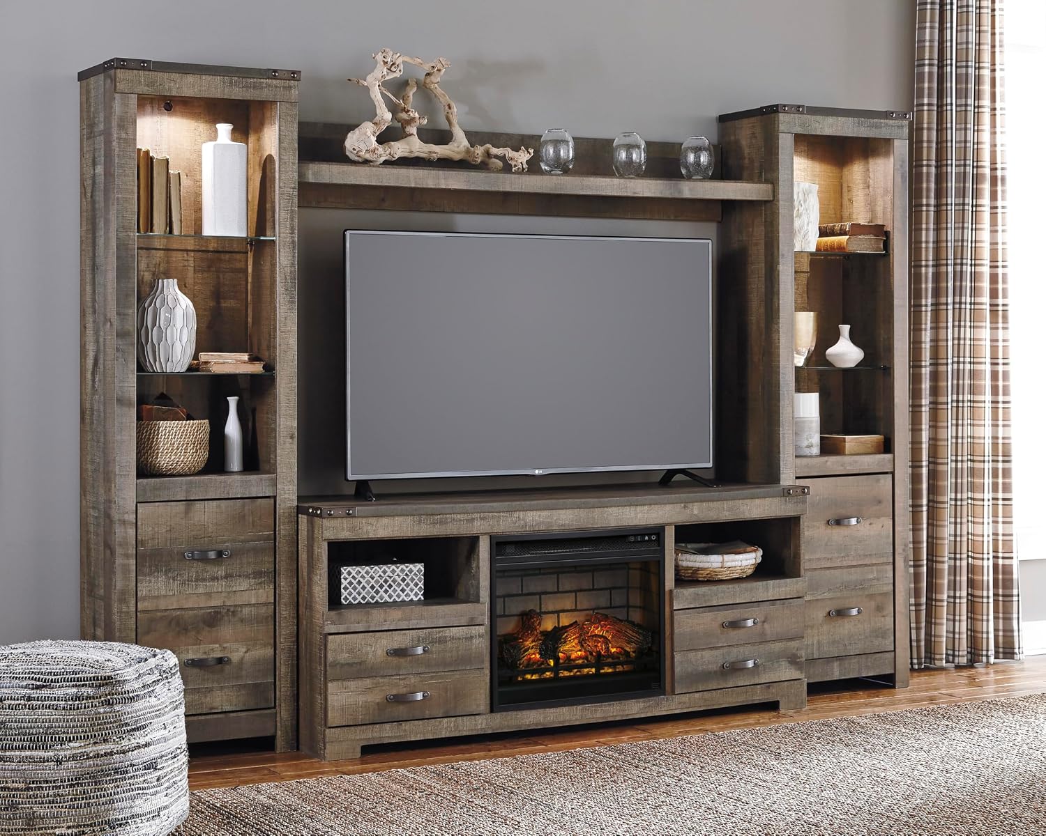 Signature Design by Ashley Trinell 63' TV Stand with Electric Fireplace Insert, Rustic Wood Look Media Console with Infrared Heat, Storage Drawers and Remote Control for Living Room Warmth