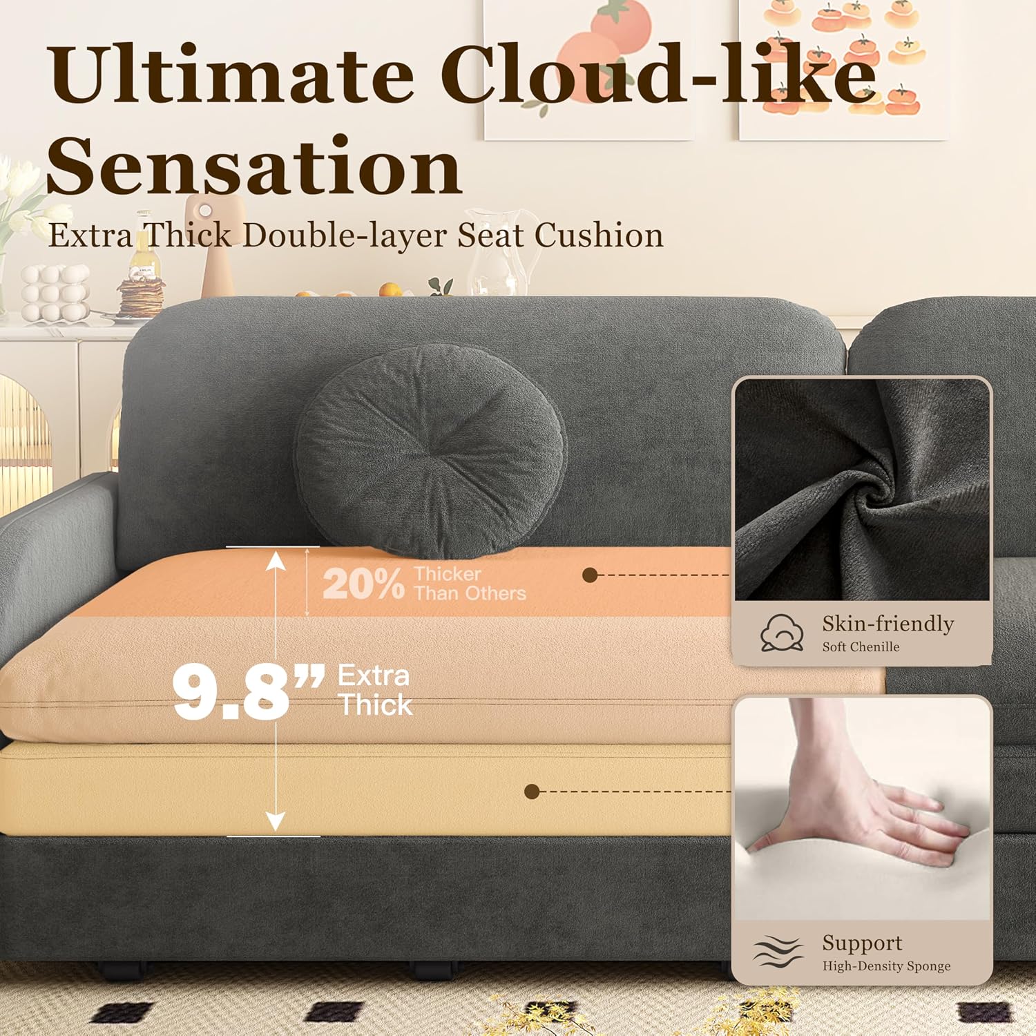 52.4'' Pull Out Couch Full-Size, Futon Sofa Bed, Convertible Sleeper Sofa Bed with USB Port, Storage Pockets, 2 Pillows, Modern Chenille Loveseat Couches for Small Space, Living Room, Grey