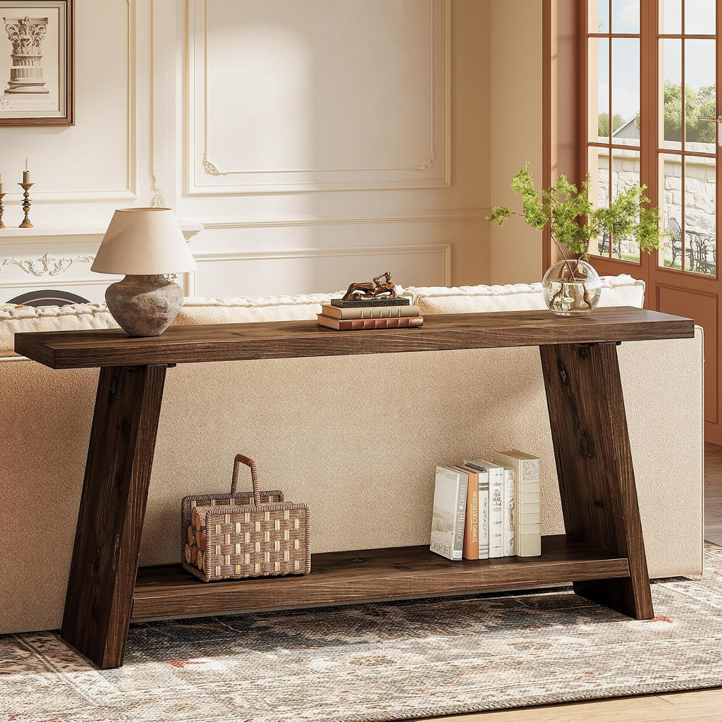 70.9'' Solid Wood Console Table, Narrow Long Sofa Table Behind Couch with 2-Tier Storage, Farmhouse Entryway Table for Living Room, Hallway, Foyer, Espresso Brown