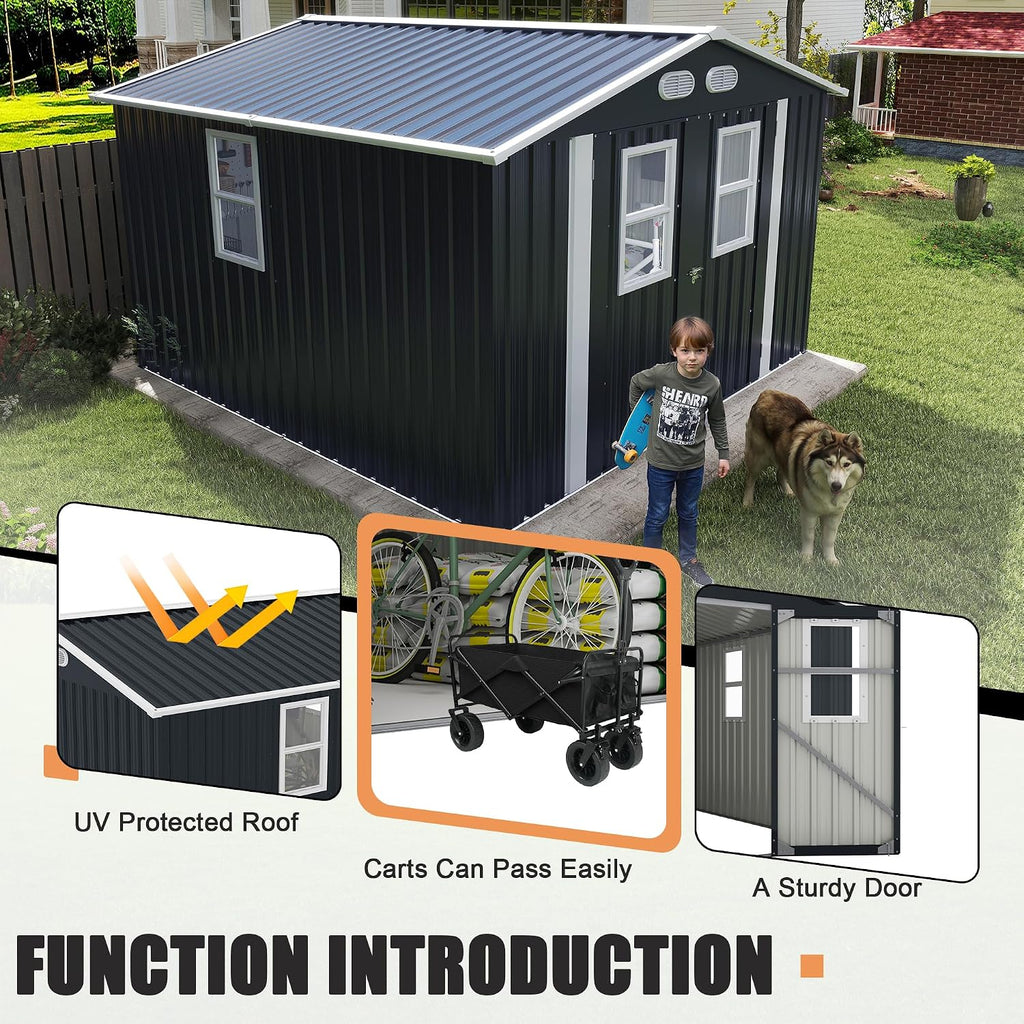 Metal Outdoor Storage Shed, 8x8 ft with Lockable Doors, Four Daylight Windows, Screened Vents, 120 sq ft Storage Space, Outdoor Garden Room ，Outdoor Pet Room (Dark Gray 8x8FT)