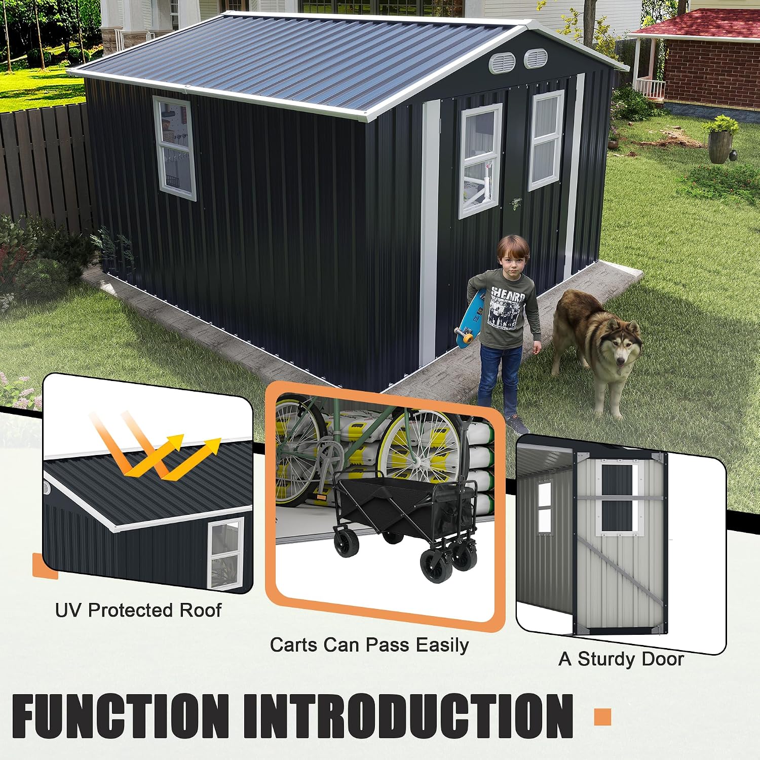 Metal Outdoor Storage Shed, 8x8 ft with Lockable Doors, Four Daylight Windows, Screened Vents, 120 sq ft Storage Space, Outdoor Garden Room ，Outdoor Pet Room (Dark Gray 8x8FT)
