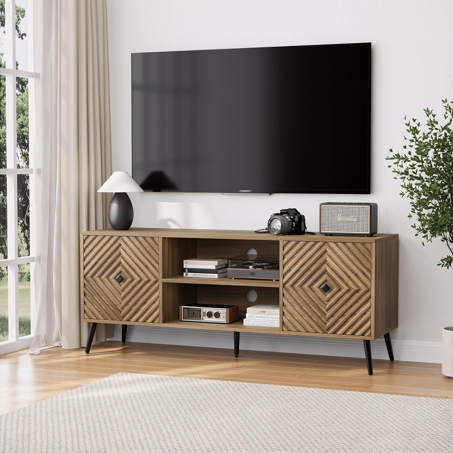 Smuxee Walnut TV Stand with Fluted Diamond Doors, 55.12' Mid Century Modern TV Media Console for TVs up to 65', TV Cabinet with Adjustable Shelf & 2 Cabinets for Living Room