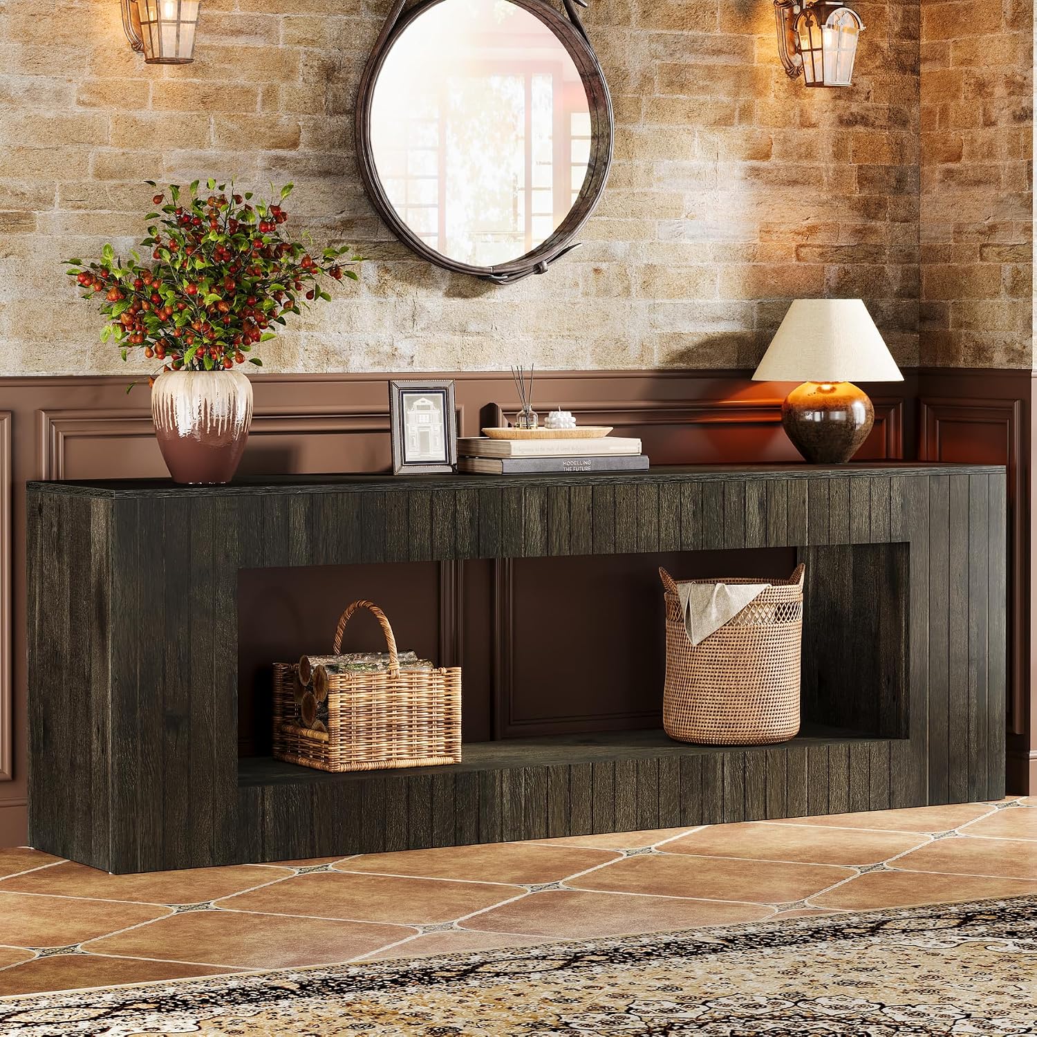 Tribesigns 63-Inch Low Sofa Console Table with Storage Shelf, 2-Tier Wooden Long Entryway Table, Industrial Behind Couch Unit for Living Room, Study Room, Entrance, Hallway