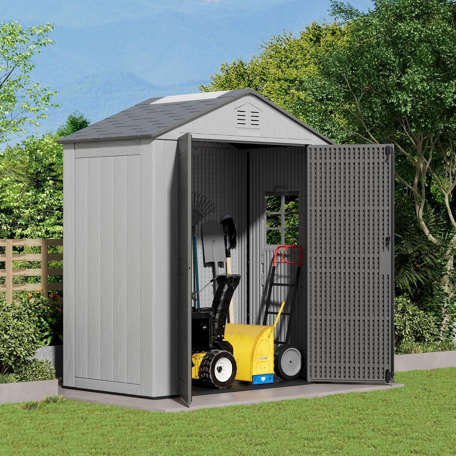 Mrosaa 6x4 FT Storage Shed with Floor,HDPE Resin Outdoor Storage Shed Weather Resistant,Lockable Garden Sheds with Windows for Home/Garden Tools/Backyard/Lawn Mower/Bike Storage(Gray)