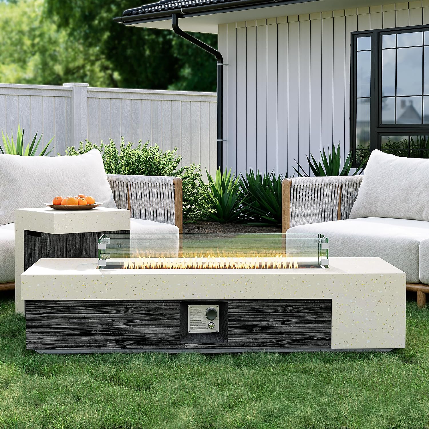 56inch Rectangle Propane Fire Pit Table 50000 BTU-Black & White Concrete Finish,Auto-Ignition,CSA Certified,with 20 Gallon Tank Cover, Glass Wind Guard
