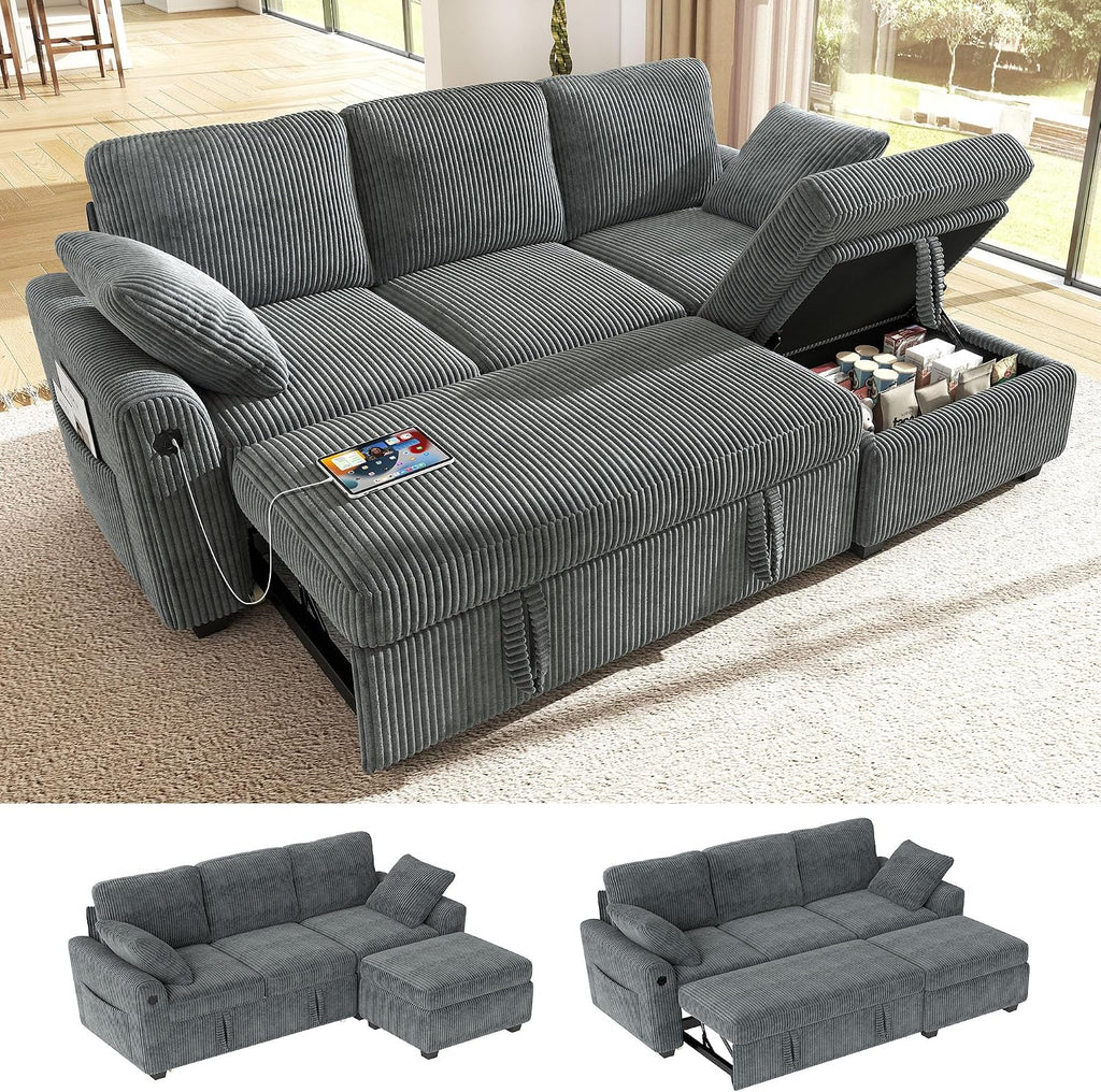 Ihanherry 81-inch Corduroy Modular Sectional Sofa Bed with Storage Ottoman & USB Port, Reversible 3-Seater L-Shaped Sleeper Sofa, Left or Right Fasing Chaise for Living Room（Gray）