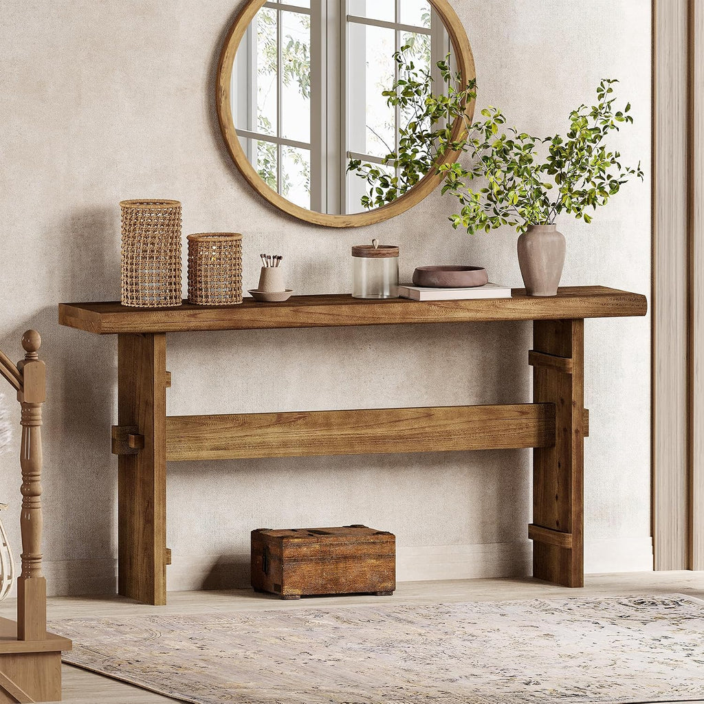 TRIBEWOOD 63-Inch Solid Wood Console Table for Entryway, Narrow Long Farmhouse Sofa Table Behind Couch, for Foyer, Hallway, Living Room, Easy Asswmbly, Brown