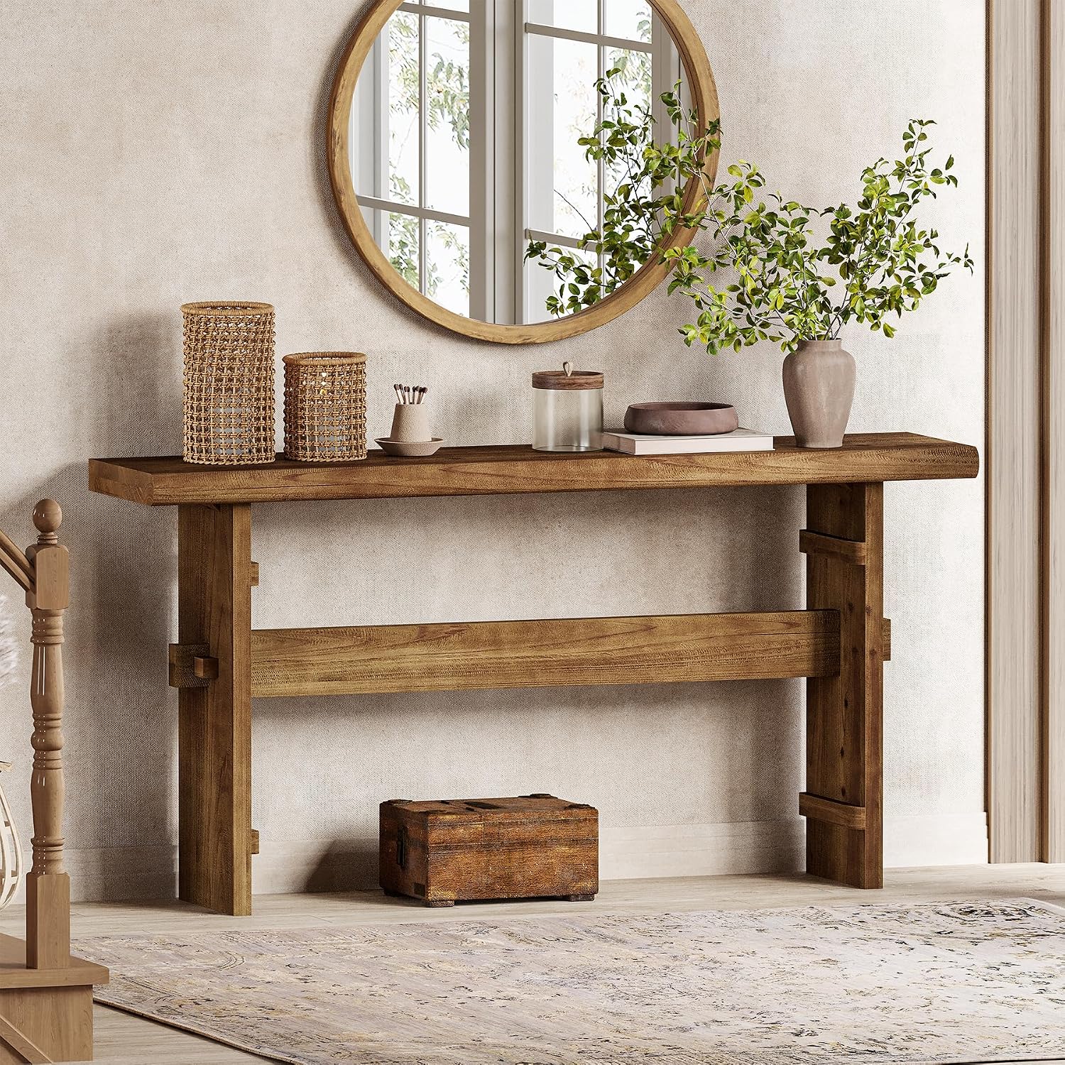 TRIBEWOOD 63-Inch Solid Wood Console Table for Entryway, Narrow Long Farmhouse Sofa Table Behind Couch, for Foyer, Hallway, Living Room, Easy Asswmbly, Brown