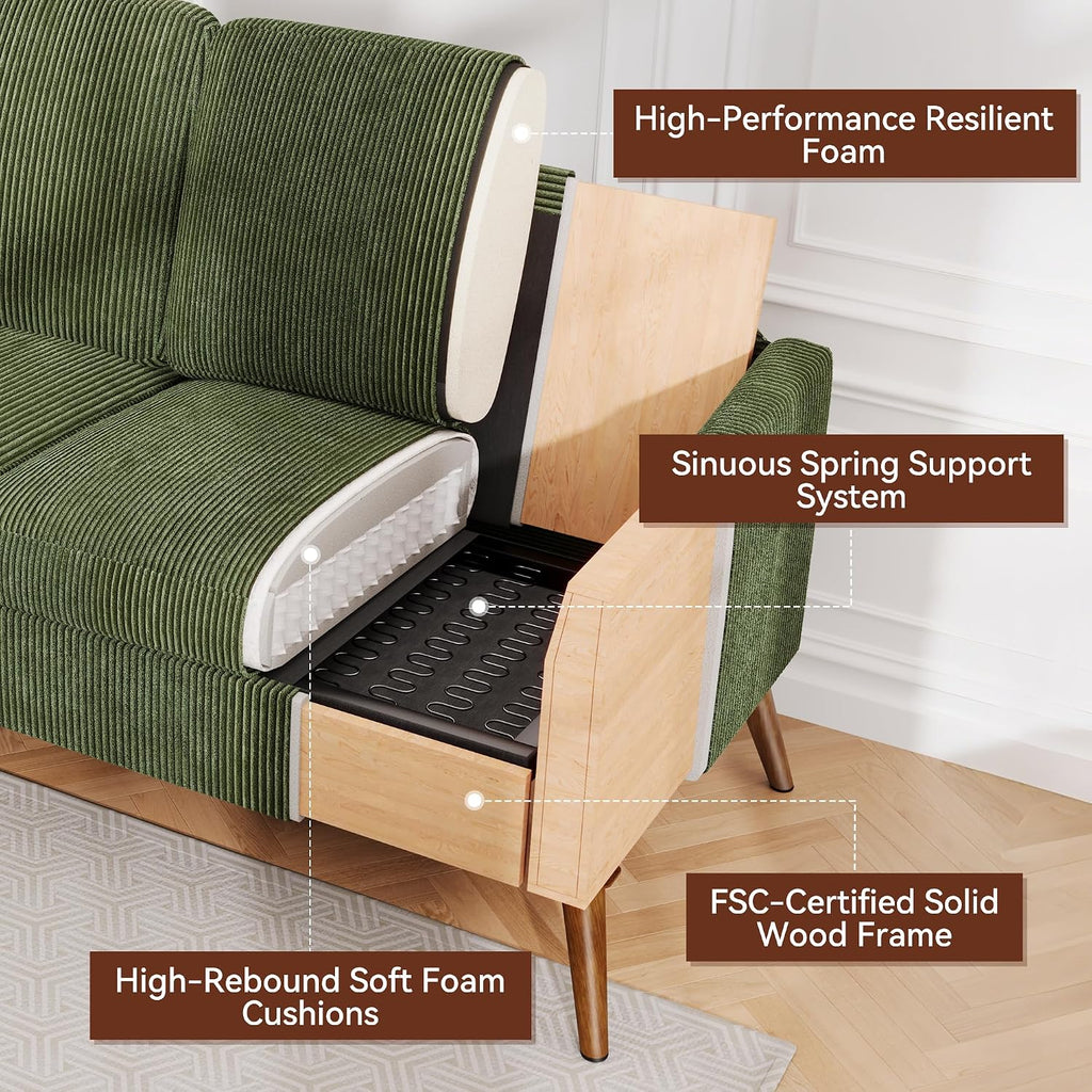 Vipbear 68' Loveseat Sofa - Green, Comfy Corduroy with Spring Cushion, Solid Wood Frame, Modern Deep Seat, Bedroom & Living Room, Office Small Couch