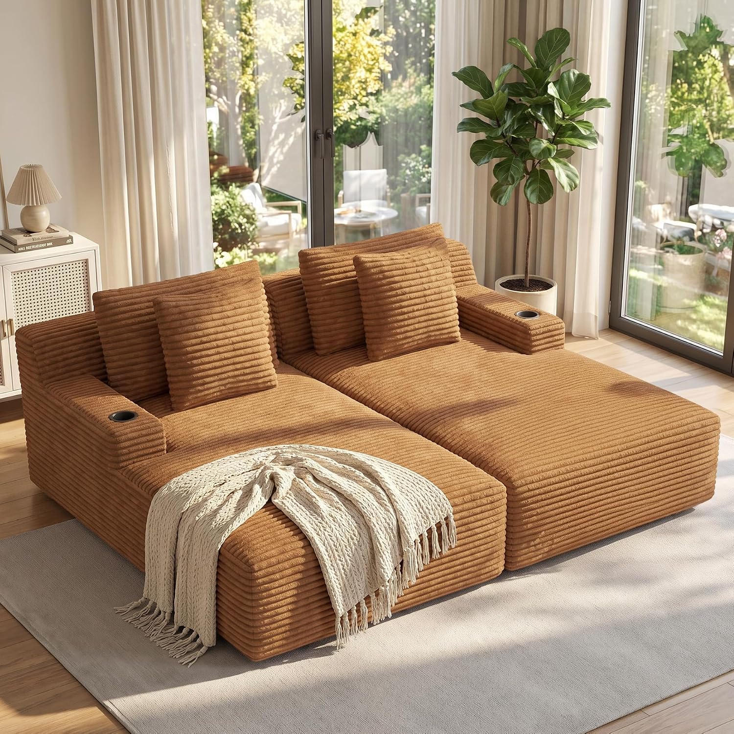 Luxanimarion 80'' Double Chaise Lounge Chair Indoor, Non-Assembly Deep Seat Sofa with Cup Holders Boneless Bed with 4pcs Pillows for Living Room Bedroom, Camel-Corduroy