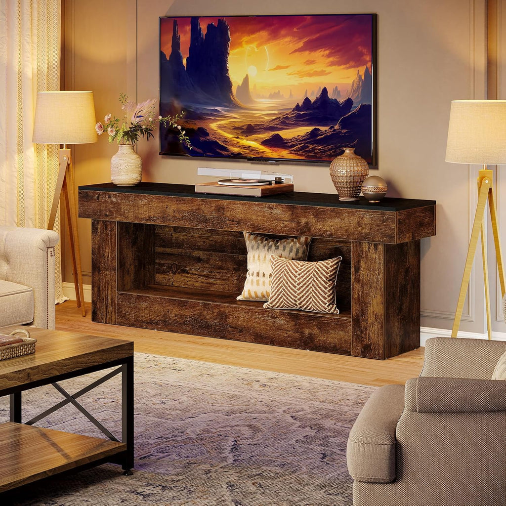 Tribesigns 63-inch TV Stand with Storage, Entertainment Center for 60/65/70 Inches TVs, Rustic Media TV Console with Open Storage Space for Living Room Bedroom, Rustic Brown & Black
