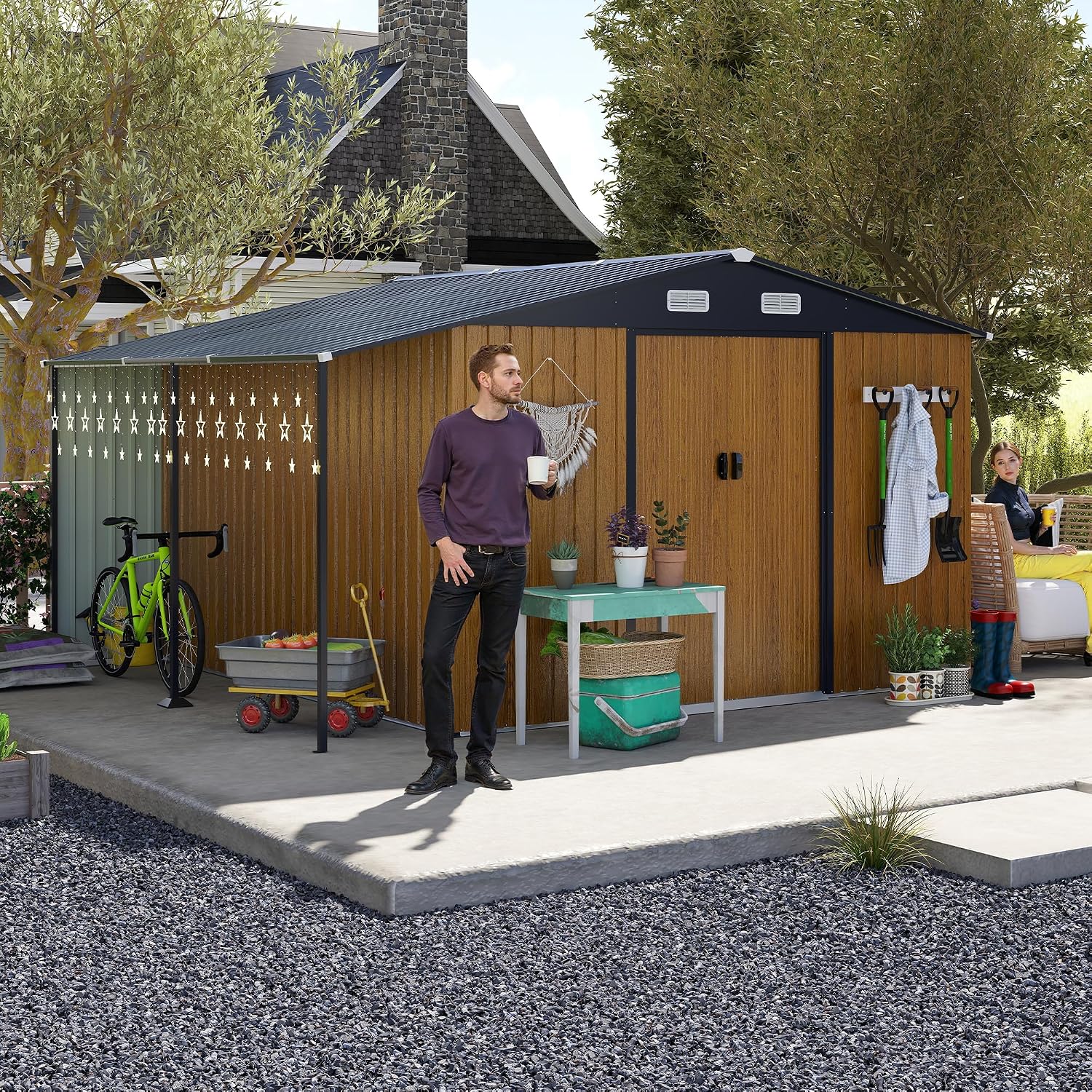 KEIKI 10x12 FT Outdoor Storage Shed, Extra Large Metal Shed with Lockable Doors, Windows, Outside Steel Tiny House Ideal for Garden, Backyard, Patio Utility, Tool Storage, Chicken Coops, Yellow