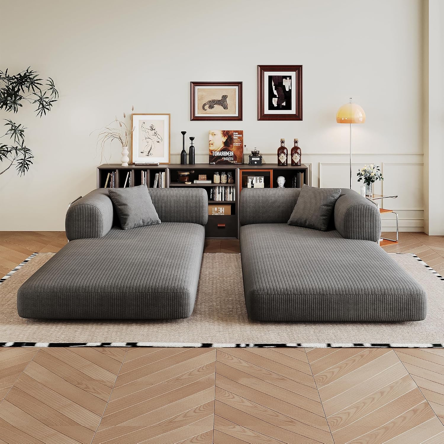 Ball & Cast 78.8' Compressed Modular Sofa Bed, No-Assembly Convertible Floor Futon Couch with Pillow Backrest & Armrest Support, Boneless Corduroy Sleeper Sofa for Living Room & Bedroom, Grey