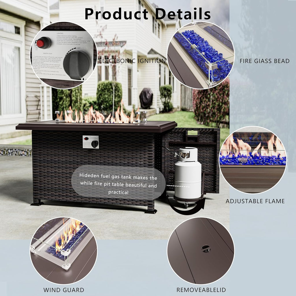 43' Propane Fire Pit Table 55,000 BTU, Gas Fire Pit with Glass Wind Guard and Metal Lid,CSA Certification Outdoor Fire Pit Auto-Ignition