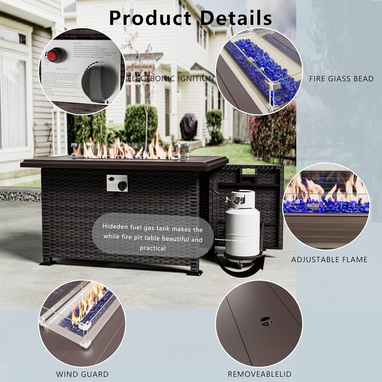 43' Propane Fire Pit Table 55,000 BTU, Gas Fire Pit with Glass Wind Guard and Metal Lid,CSA Certification Outdoor Fire Pit Auto-Ignition