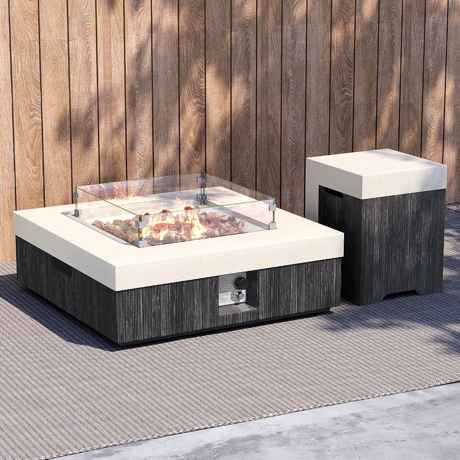 35inch Square Outdoor Propane Fire Pit Table-Black & White Finish,50000 BTU Auto-Ignition,CSA Certified,with 20 Gallon Tank Cover, Glass Wind Guard