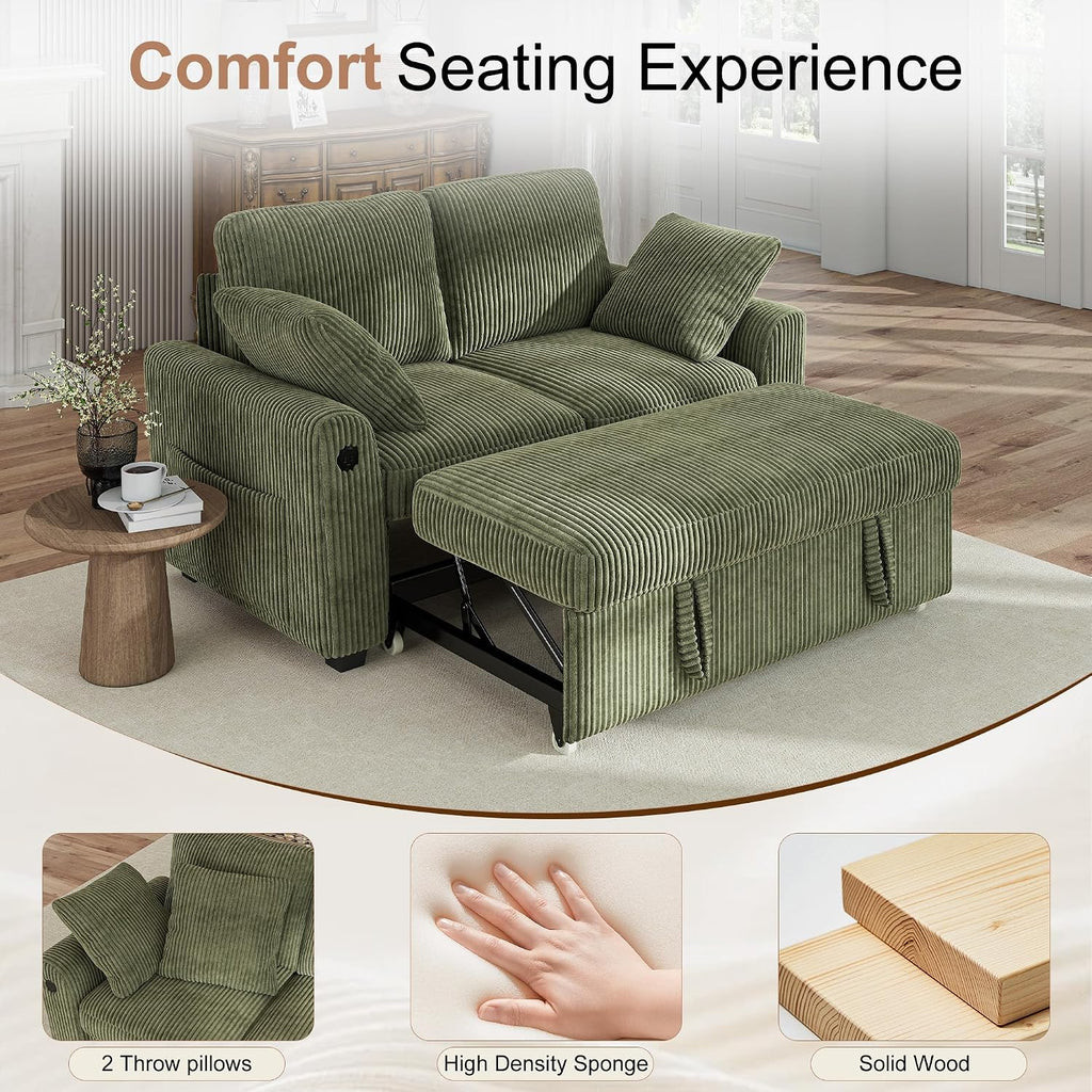 Hanherry 59' Loveseat Sofa with Pull Out Couch Bed, Corduroy 2-in-1 Convertible 2 Seater Sleeper Sofa with USB Charging,Comfy Love Seat for Small Spaces Living Room Apartment