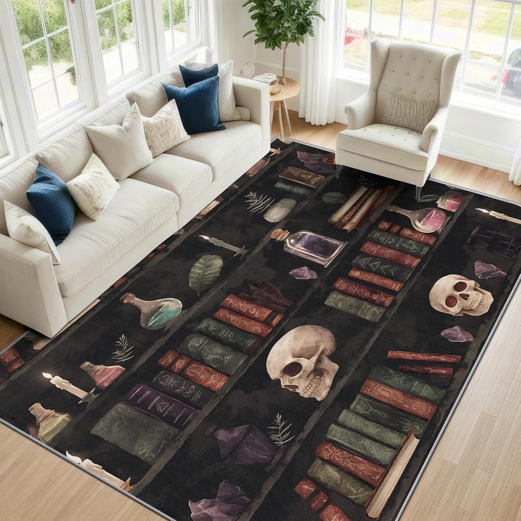 Witchcraft Large Area Rug - 7x10 Rug - Bookshelf Witch Skull Gothic Rugs for Living Room Non Slip Low Pile Machine Washable Area Rugs,Witchcraft Carpets Home Decor