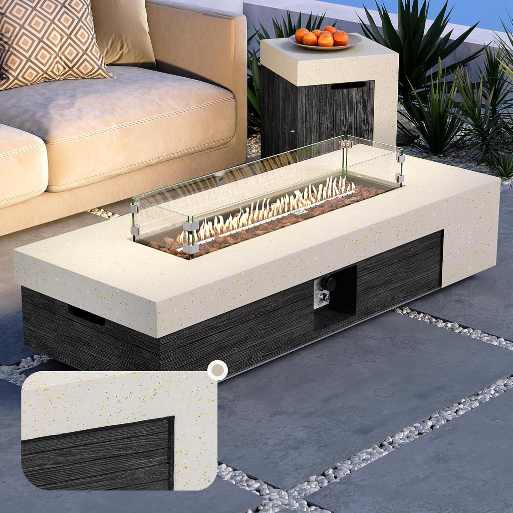 56inch Rectangle Propane Fire Pit Table 50000 BTU-Black & White Concrete Finish,Auto-Ignition,CSA Certified,with 20 Gallon Tank Cover, Glass Wind Guard