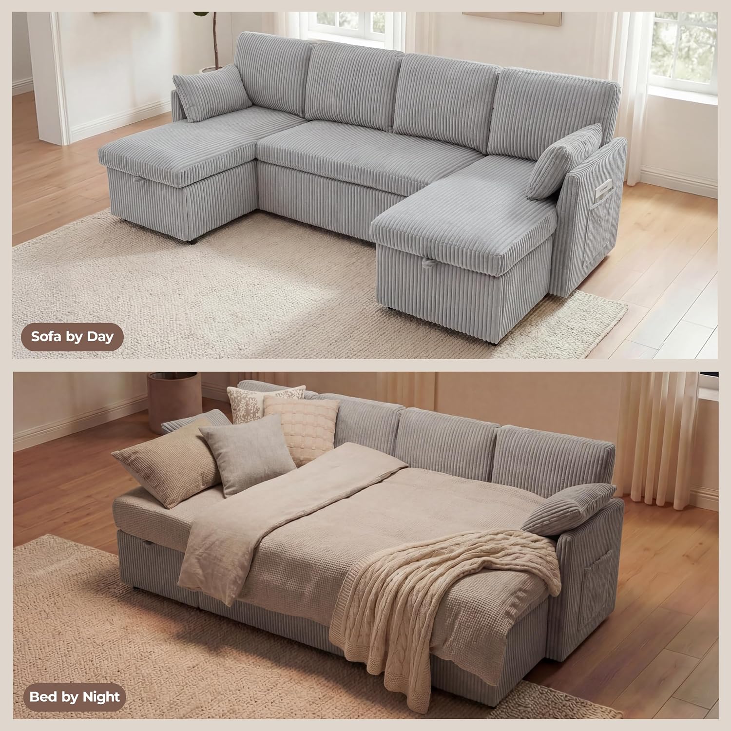 Huatean Home Oversized Sleeper Sofa Couch, 100 inch 2 in 1 Pullout Couch Bed with Side Pockets for Living Room, Sectional Sleeper Sofa Bed with Double Storage Chaise, CloudGrey
