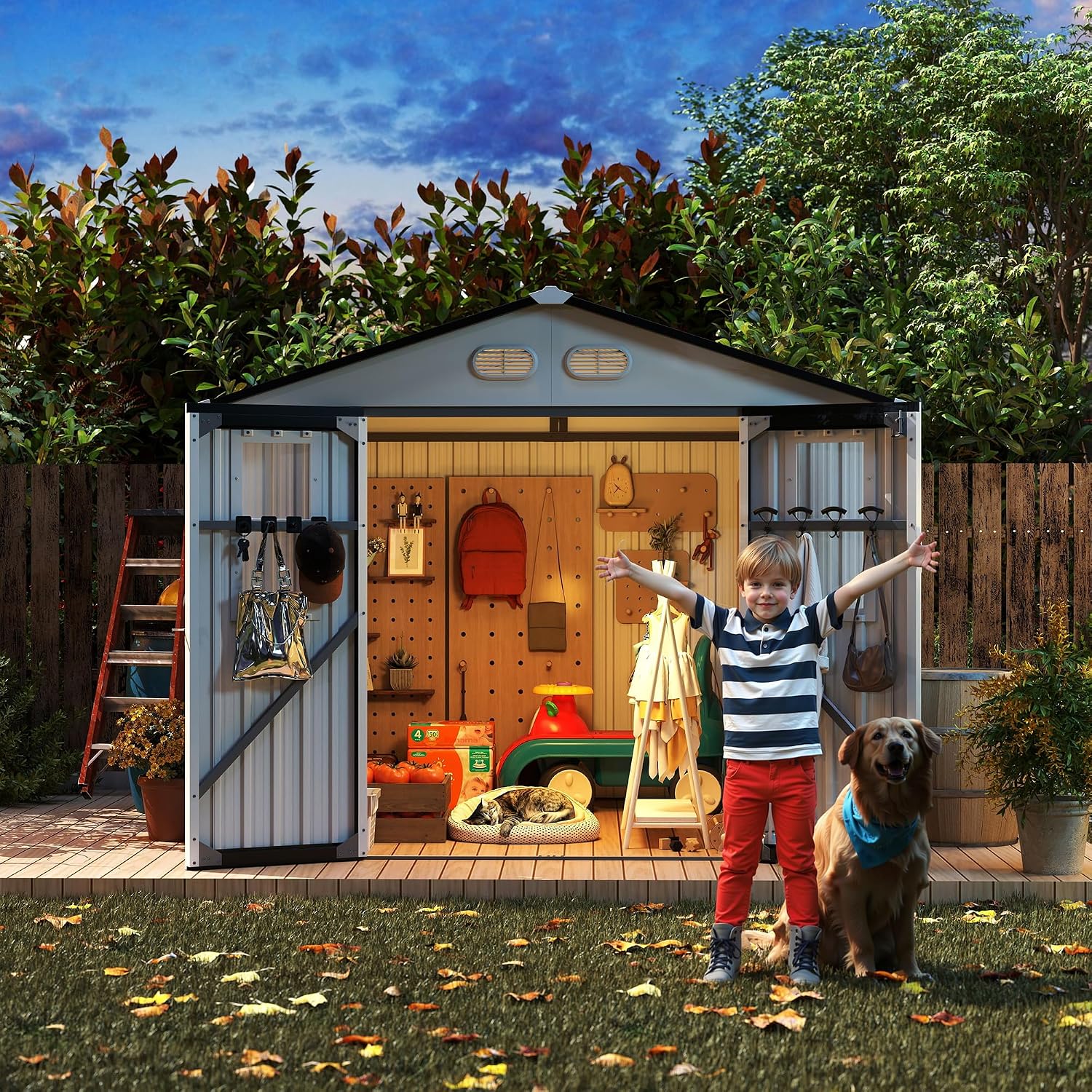Metal Outdoor Storage Shed, 8x8 ft with Lockable Doors, Four Daylight Windows, Screened Vents, 120 sq ft Storage Space, Outdoor Garden Room ，Outdoor Pet Room (White 8x8FT)