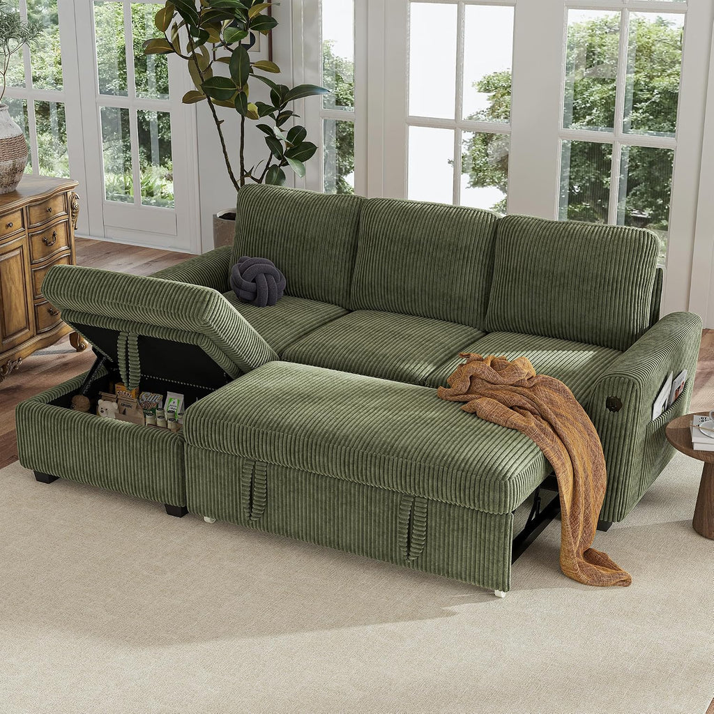 Hanherry 81' Sectional Couch with Pull Out Sofa Bed,Corduroy Sleeper Sofa with Storage Ottoman & USB Charging,Comfy L Shaped Modular Couches for Living Room,Apartment | USB charging port, side pockets, Corduroy fabric