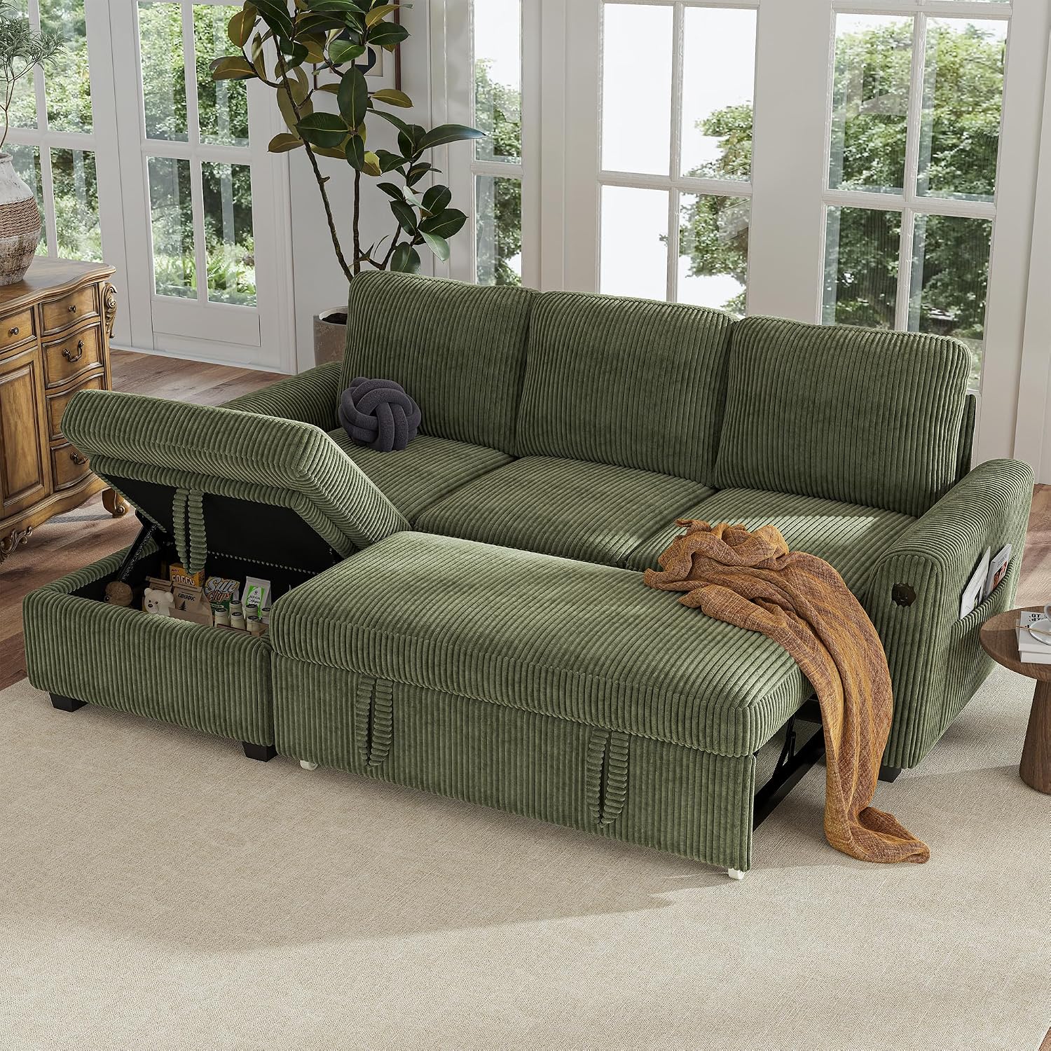 Hanherry 81' Sectional Couch with Pull Out Sofa Bed,Corduroy Sleeper Sofa with Storage Ottoman & USB Charging,Comfy L Shaped Modular Couches for Living Room,Apartment | USB charging port, side pockets, Corduroy fabric
