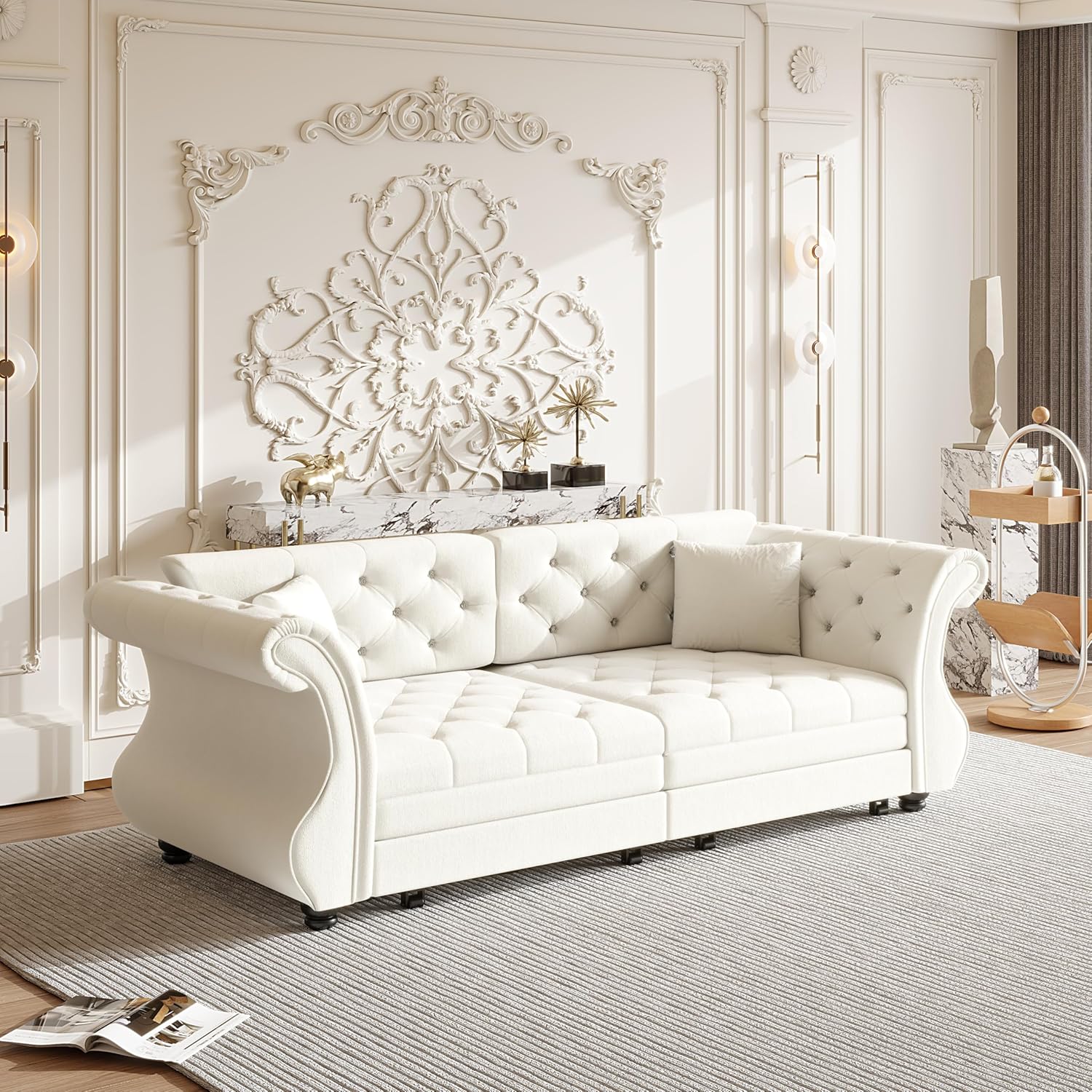 83.8' Queen Size Sleeper Sofa Bed, 3-in-1 Convertible Pull Out Chesterfield Sleeper Couch, Oversized Velvet Flower Button Tufted Loveseat Sofa for Living Room Small Spaces, Beige White